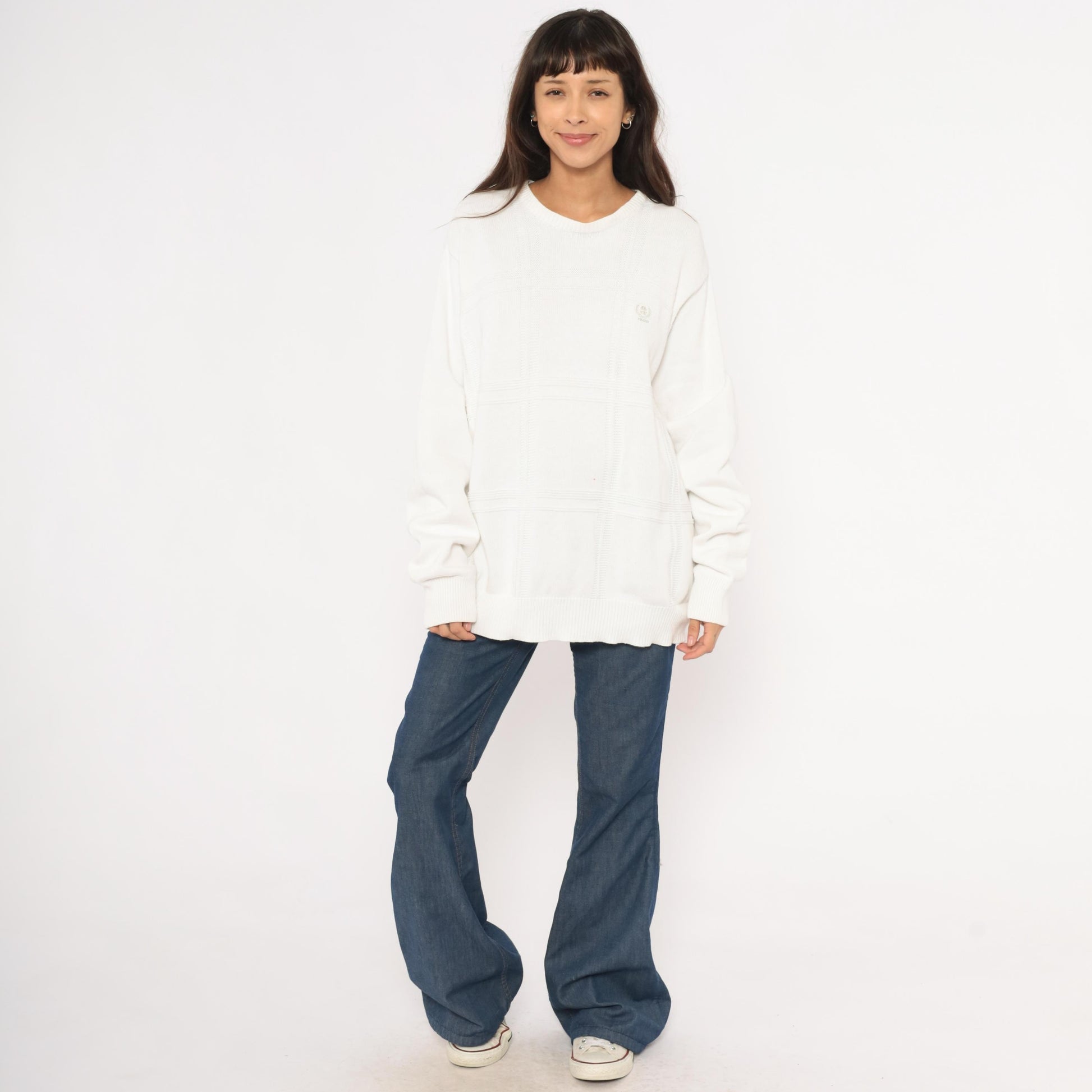 90s Izod Cotton Crewneck Sweater White Windowpane Grid Knit Large L