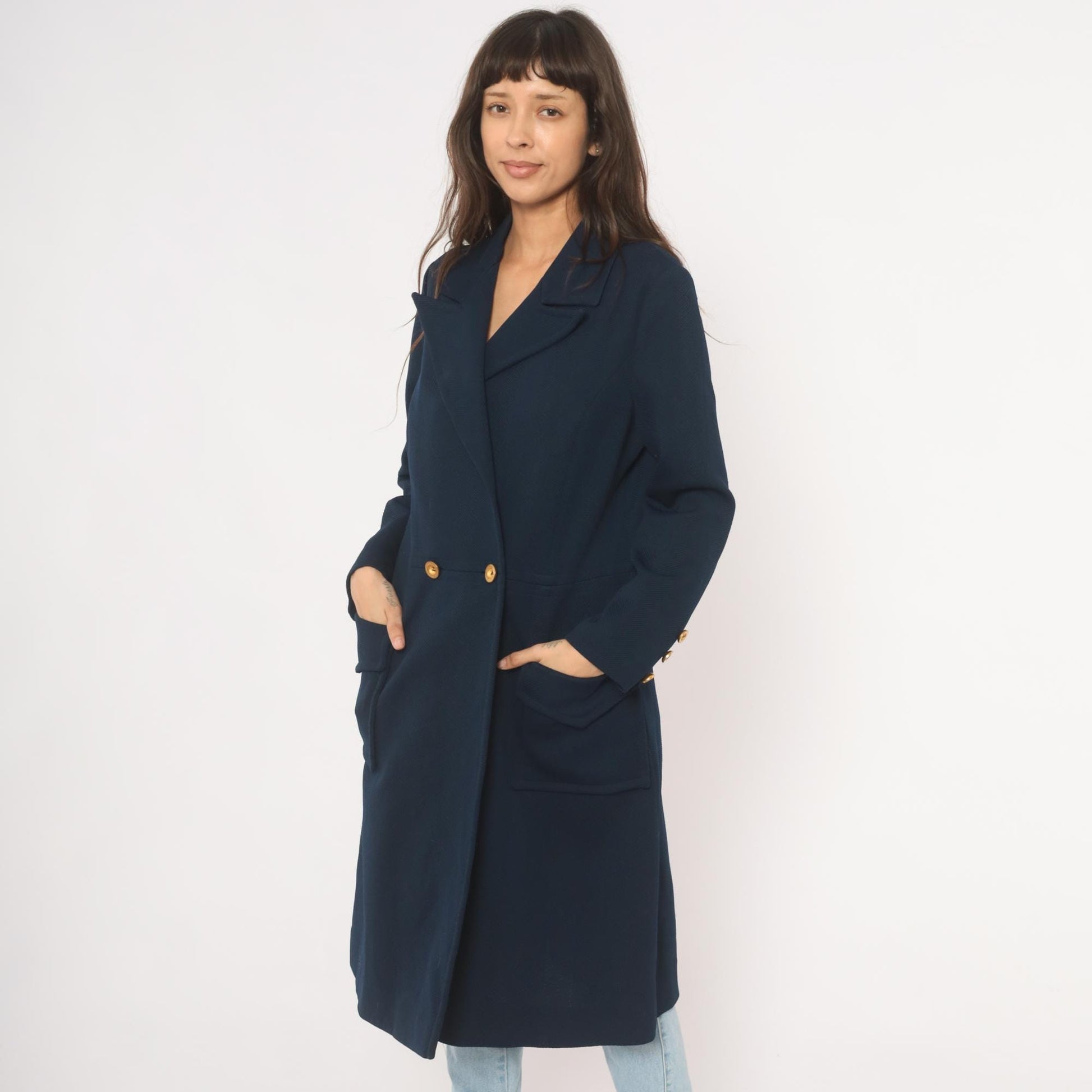 70s Butte Knit Navy Double Breasted Coat Gold Buttons Knee Length Large L