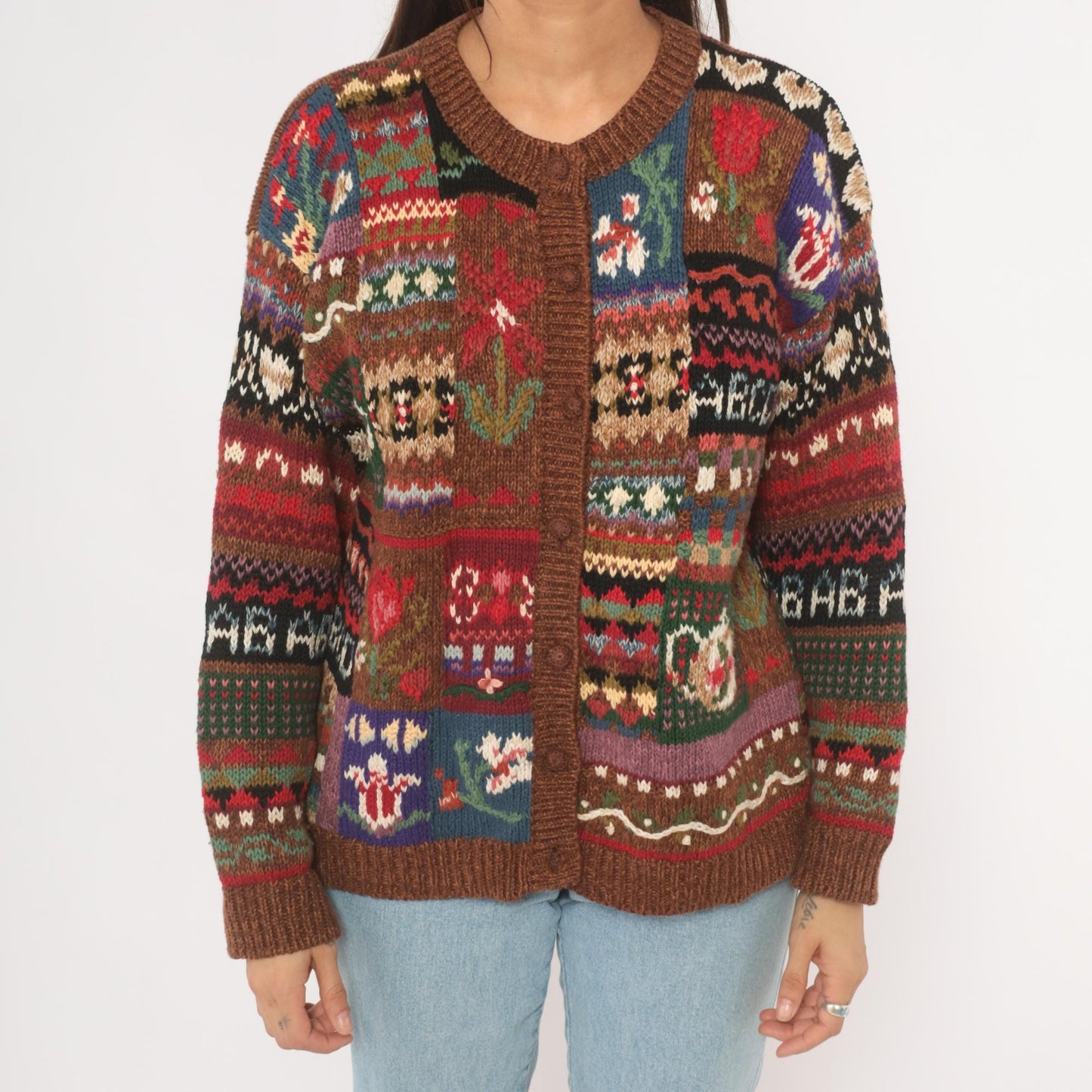 90s Tiara International Patchwork Cardigan Floral Fair Isle Knit Brown Small