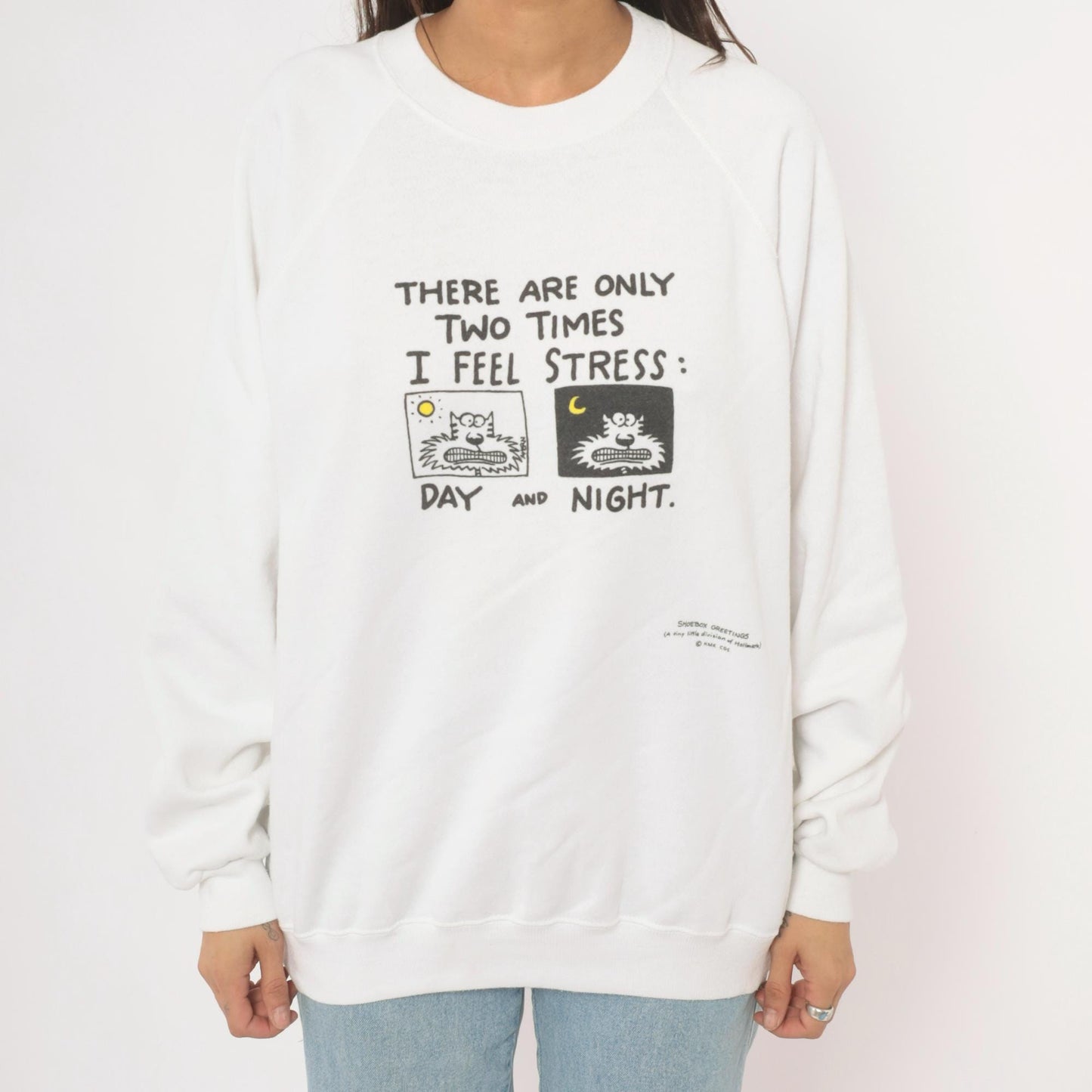 90s Shoebox Greetings Stress Day And Night Cat Sweatshirt White Raglan Extra Large