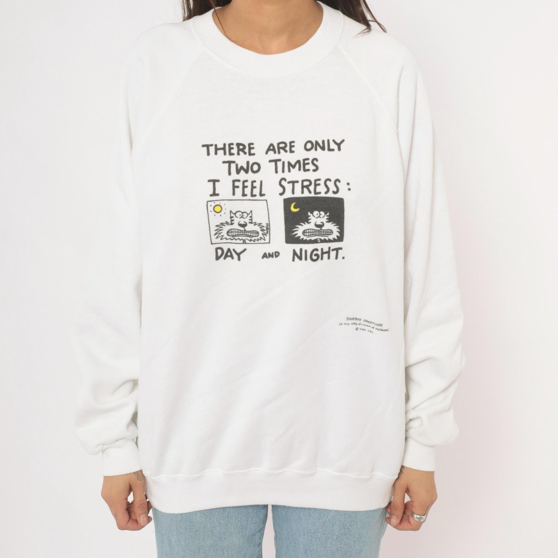 90s Shoebox Greetings Stress Day And Night Cat Sweatshirt White Raglan Extra Large