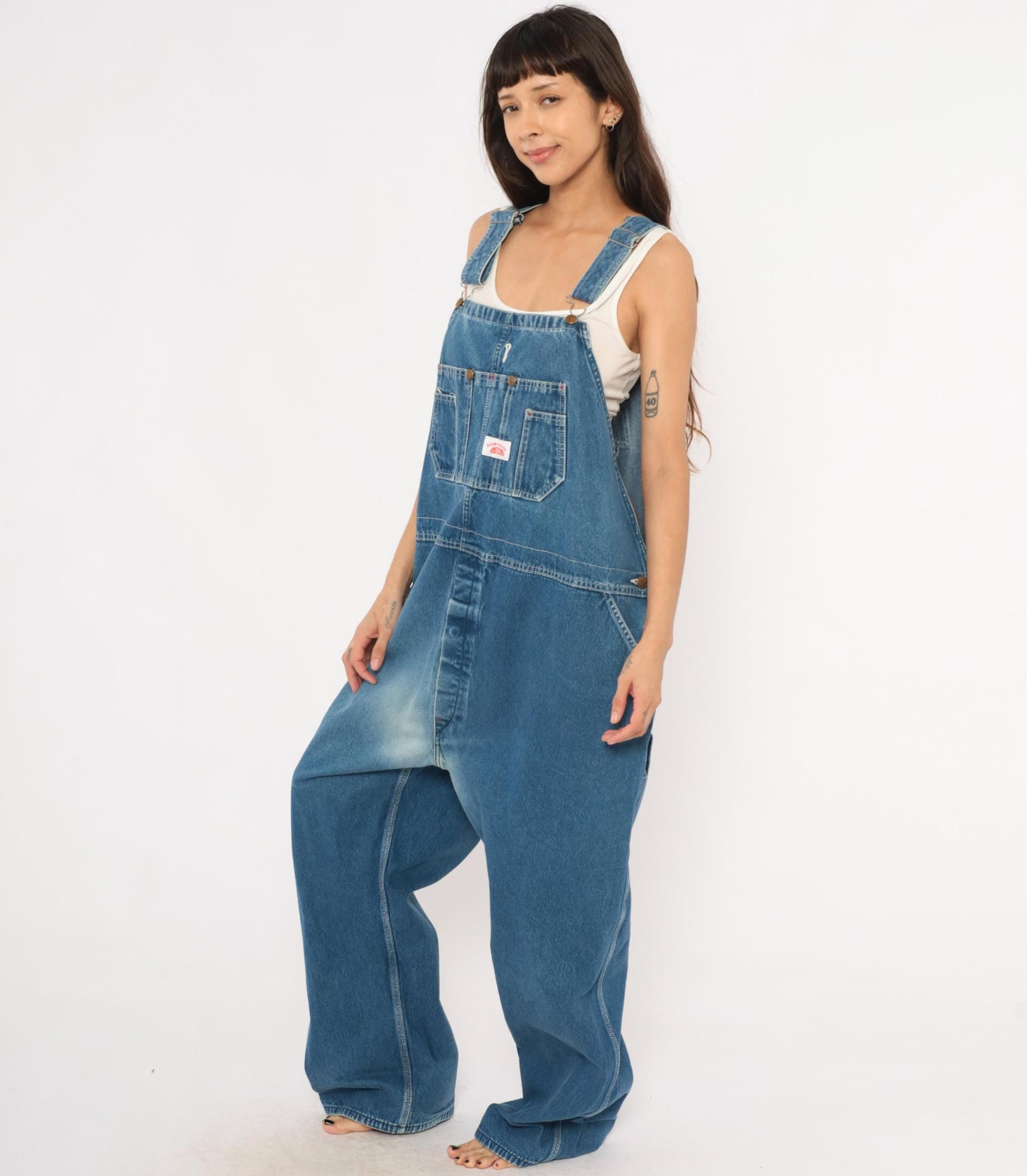 Y2K Roundhouse Denim Bib Overalls Medium Wash Blue Cotton Carpenter 50x30