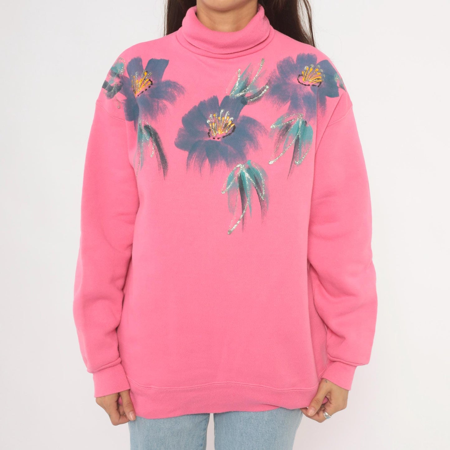 90s Tultex Pink Turtleneck Sweatshirt Floral Hand-Painted Glitter Extra Large XL