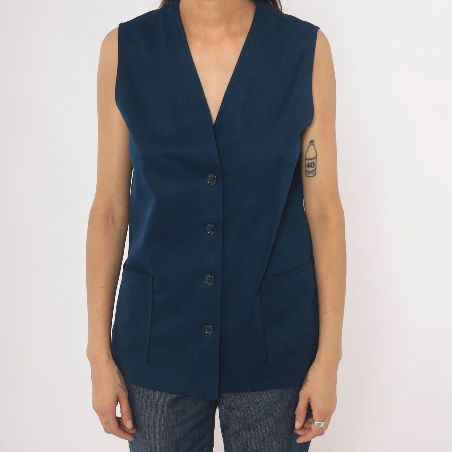70s Navy Button Front Vest V Neck Longline Knit Top Medium M