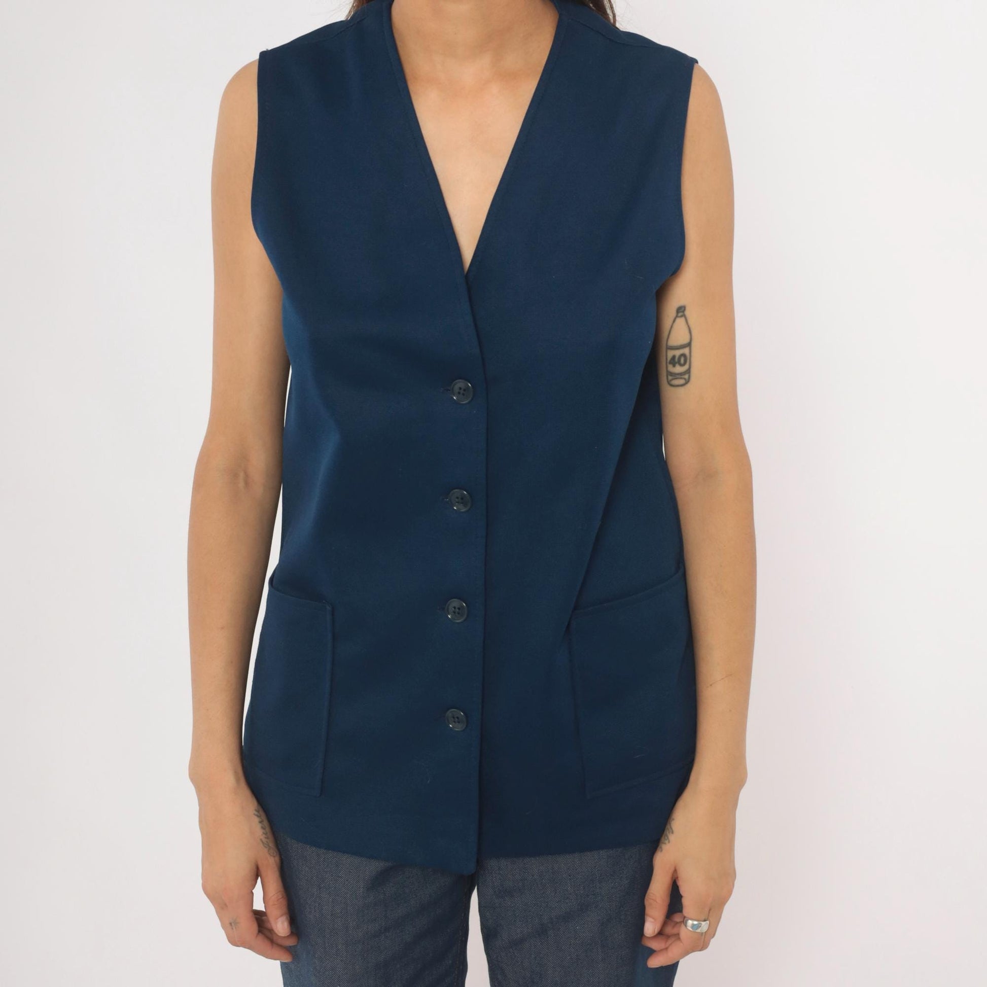 70s Navy Button Front Vest V Neck Longline Knit Top Medium M
