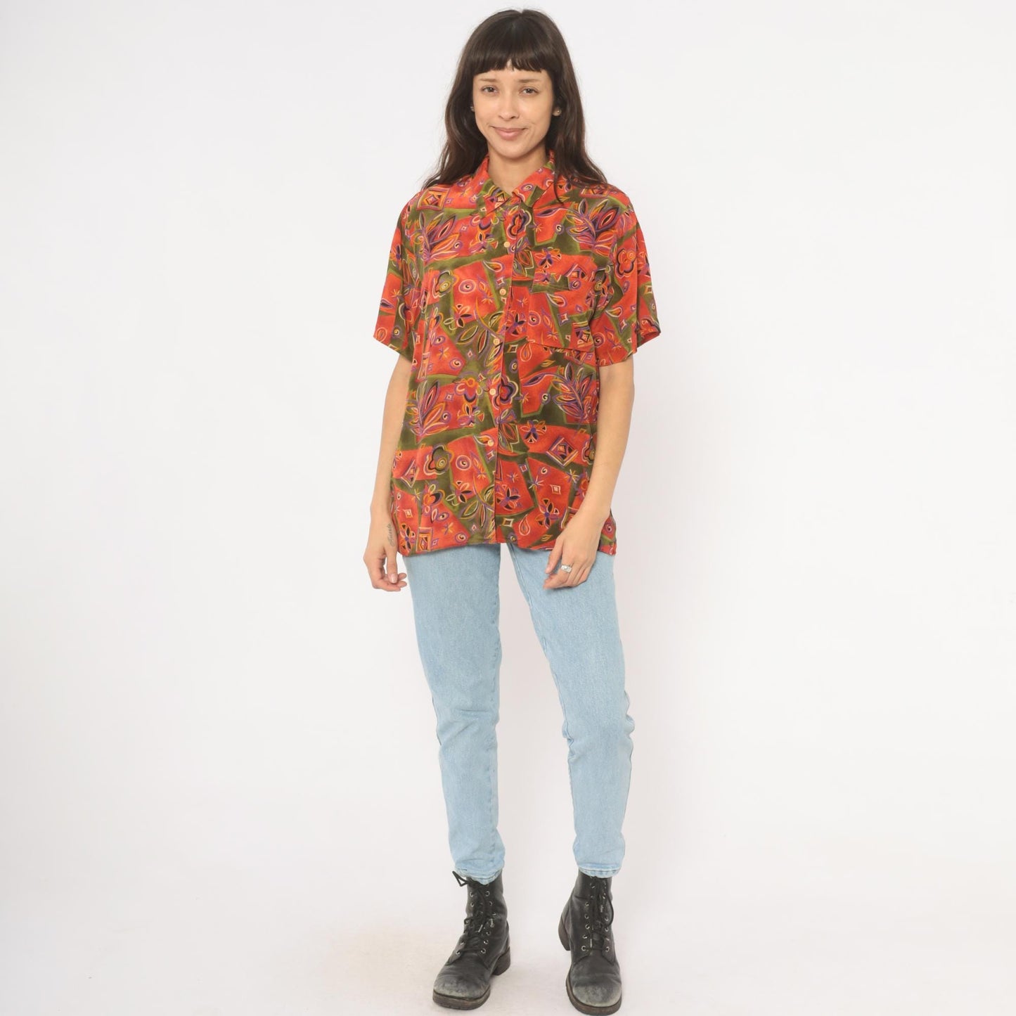 90s Quo-Silk Abstract Patchwork Silk Shirt Orange Olive Purple Camp Collar Medium