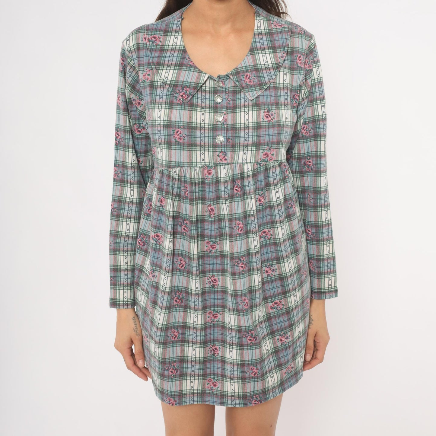 90s New Addition Maternity Floral Plaid Mini Dress Peter Pan Collar Pink Medium M