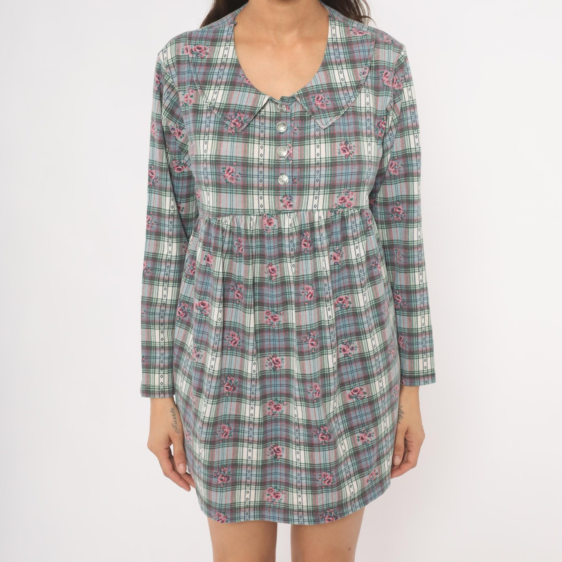 90s New Addition Maternity Floral Plaid Mini Dress Peter Pan Collar Pink Medium M