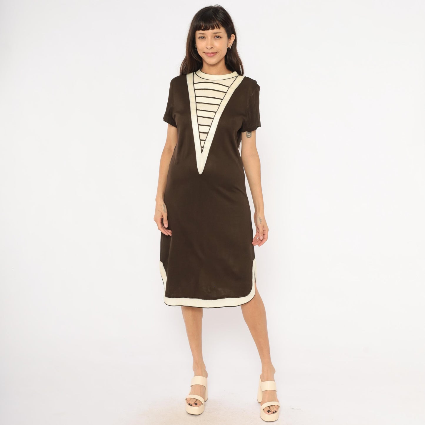 60s Mod Shift Dress Brown Cream Striped V Panel Short Sleeve Large L