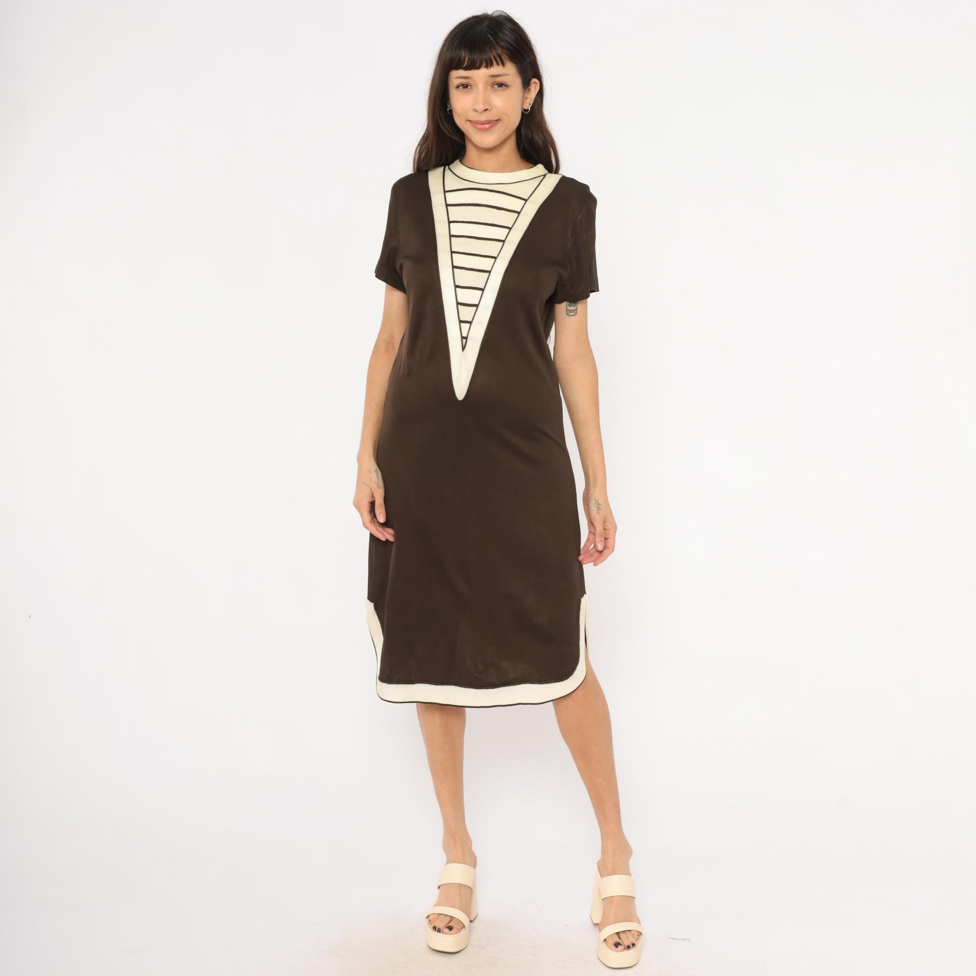 60s Mod Shift Dress Brown Cream Striped V Panel Short Sleeve Large L