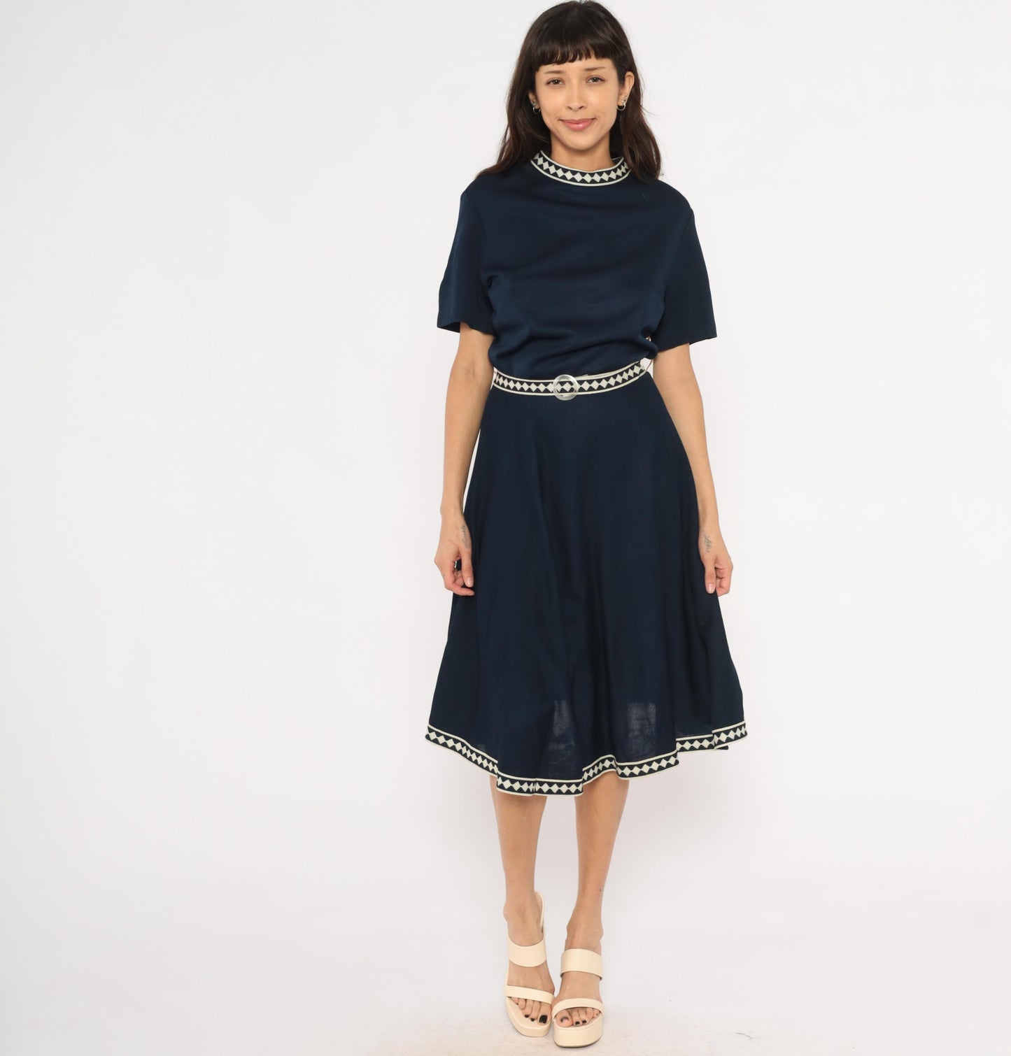 60s Marta D Navy A-Line Dress Cream Diamond Trim Belted Midi Large L