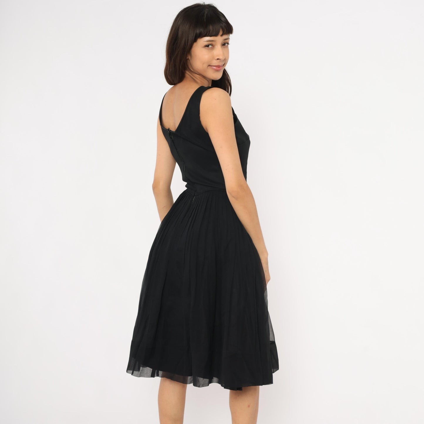 60s Black Chiffon Cocktail Dress Lattice Cutout Boat Neck Small