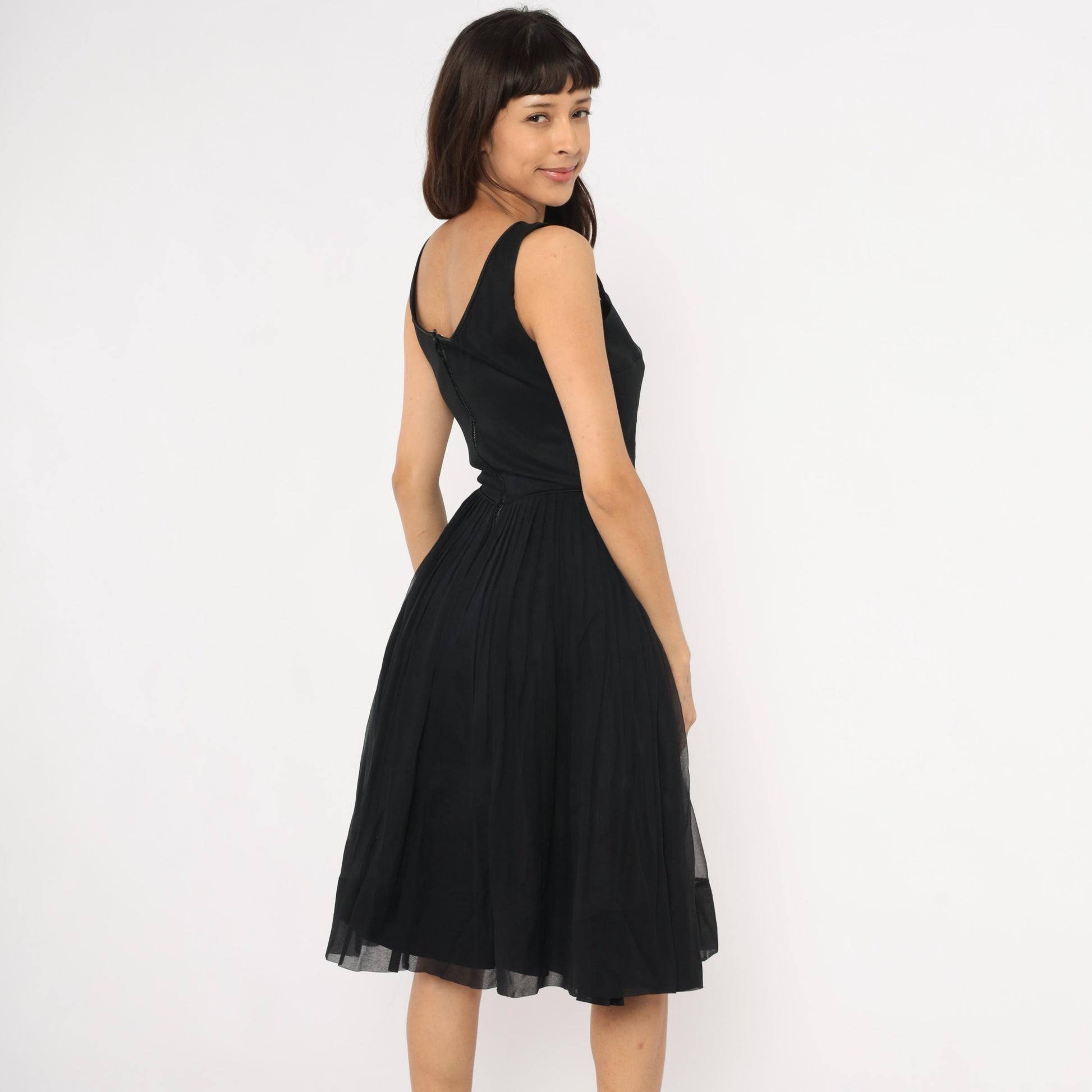 60s Black Chiffon Cocktail Dress Lattice Cutout Boat Neck Small
