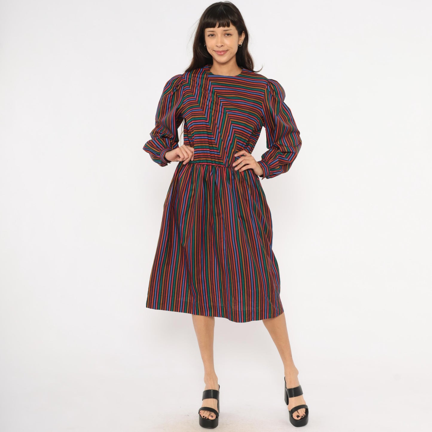 80s DW3 Multicolor Chevron Stripe Dress Puff Sleeve Gathered Waist Large