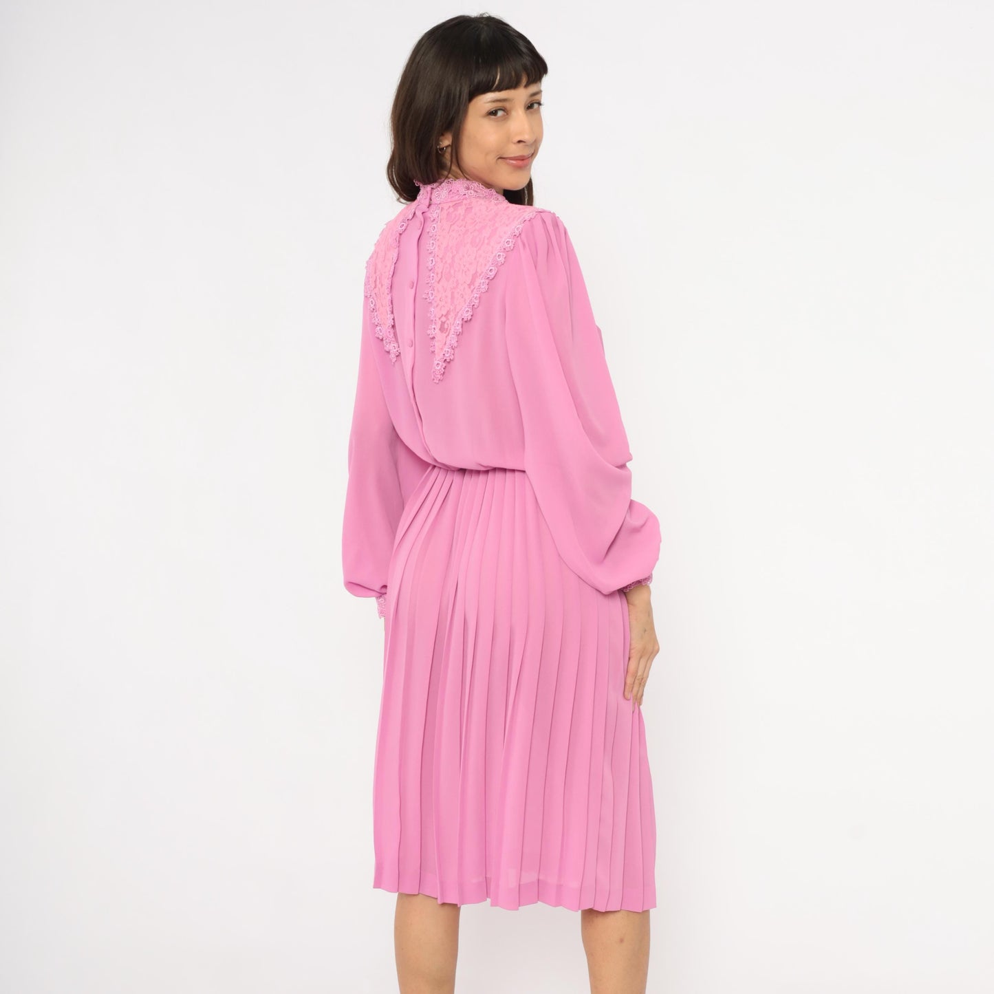 80s Rimini Pink Lace Bib Dress Bishop Sleeve Pleated Skirt Small Medium