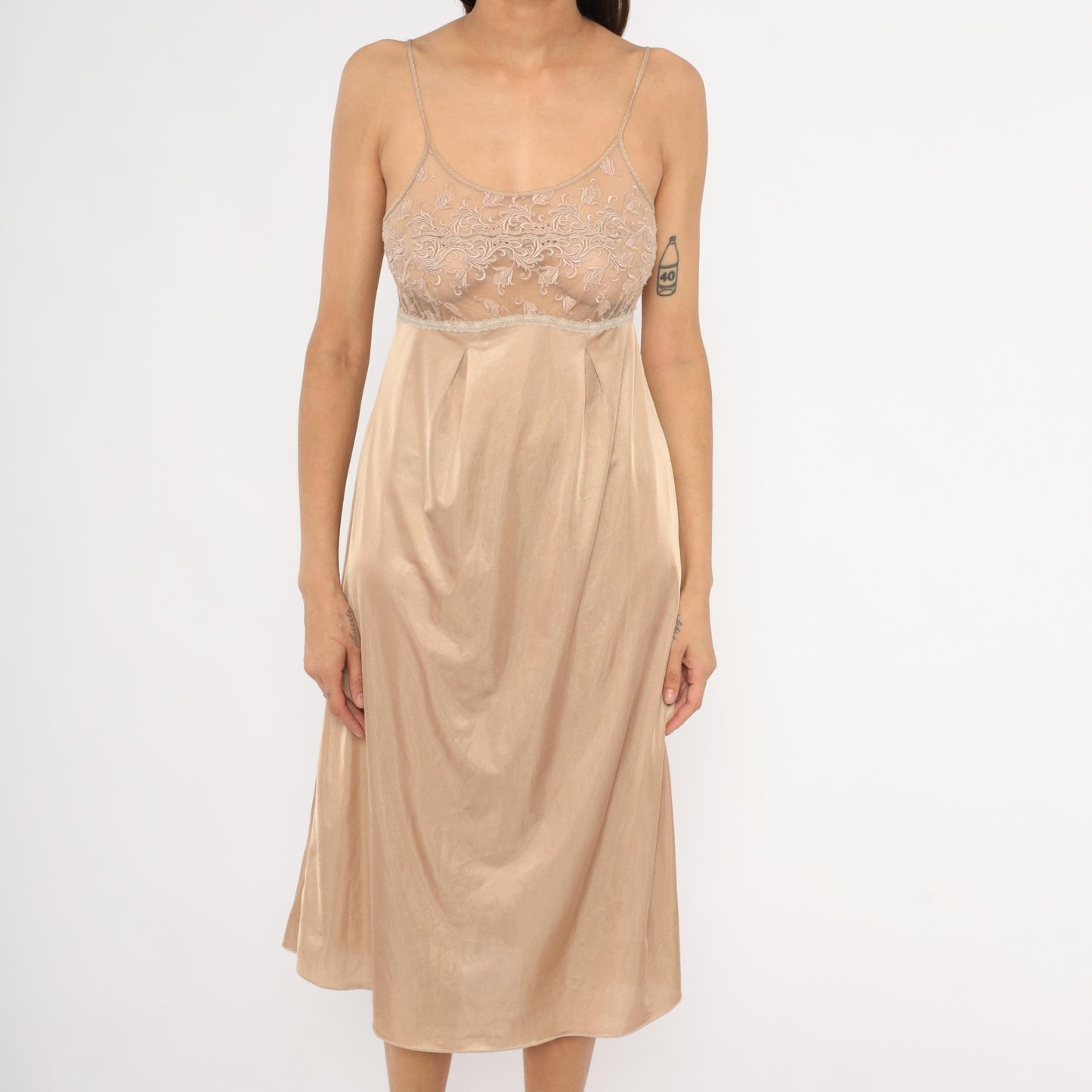 80s Bonny Nude Lace Slip Dress Champagne Satin Midi Empire Waist Small
