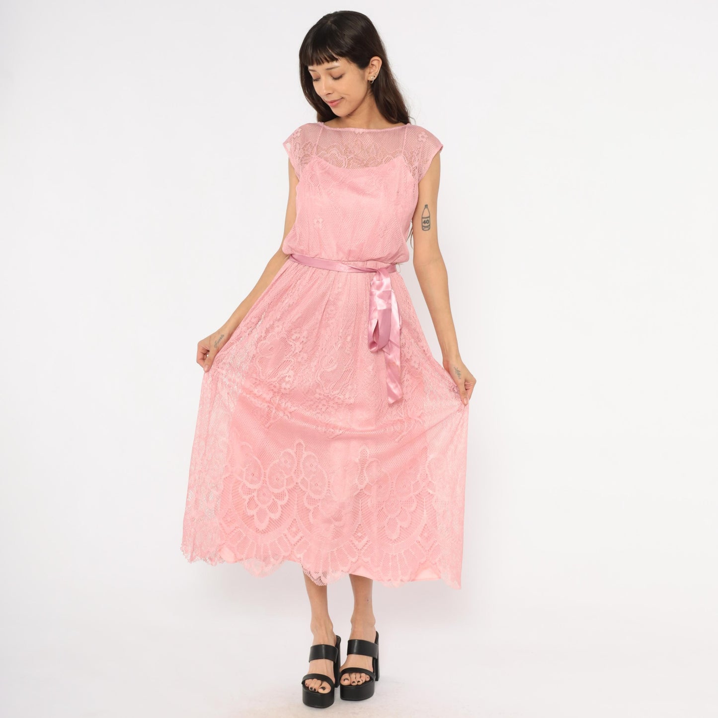 80s Rose Pink Lace Midi Dress Cap Sleeve Scalloped Hem Small S