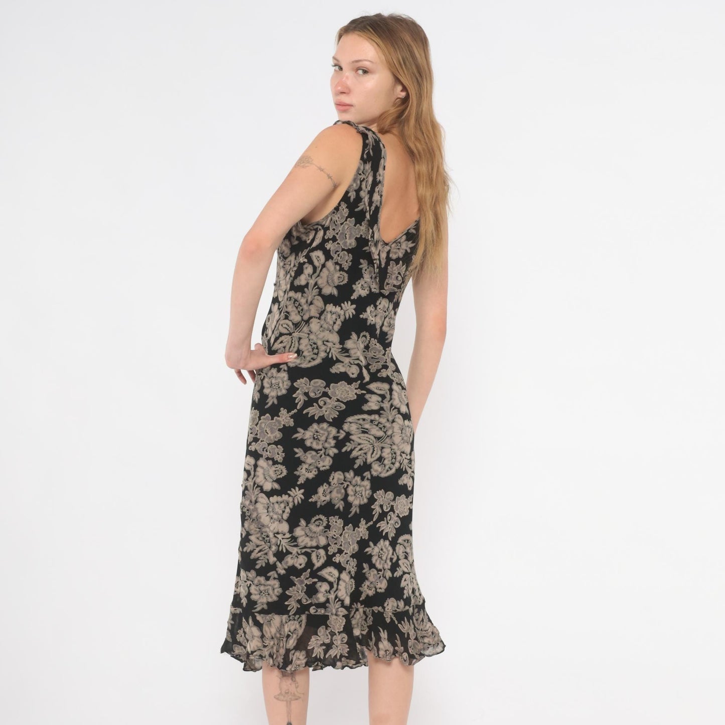 90s Black Grey Floral Midi Dress V-Neck Ruffle Chiffon Medium M