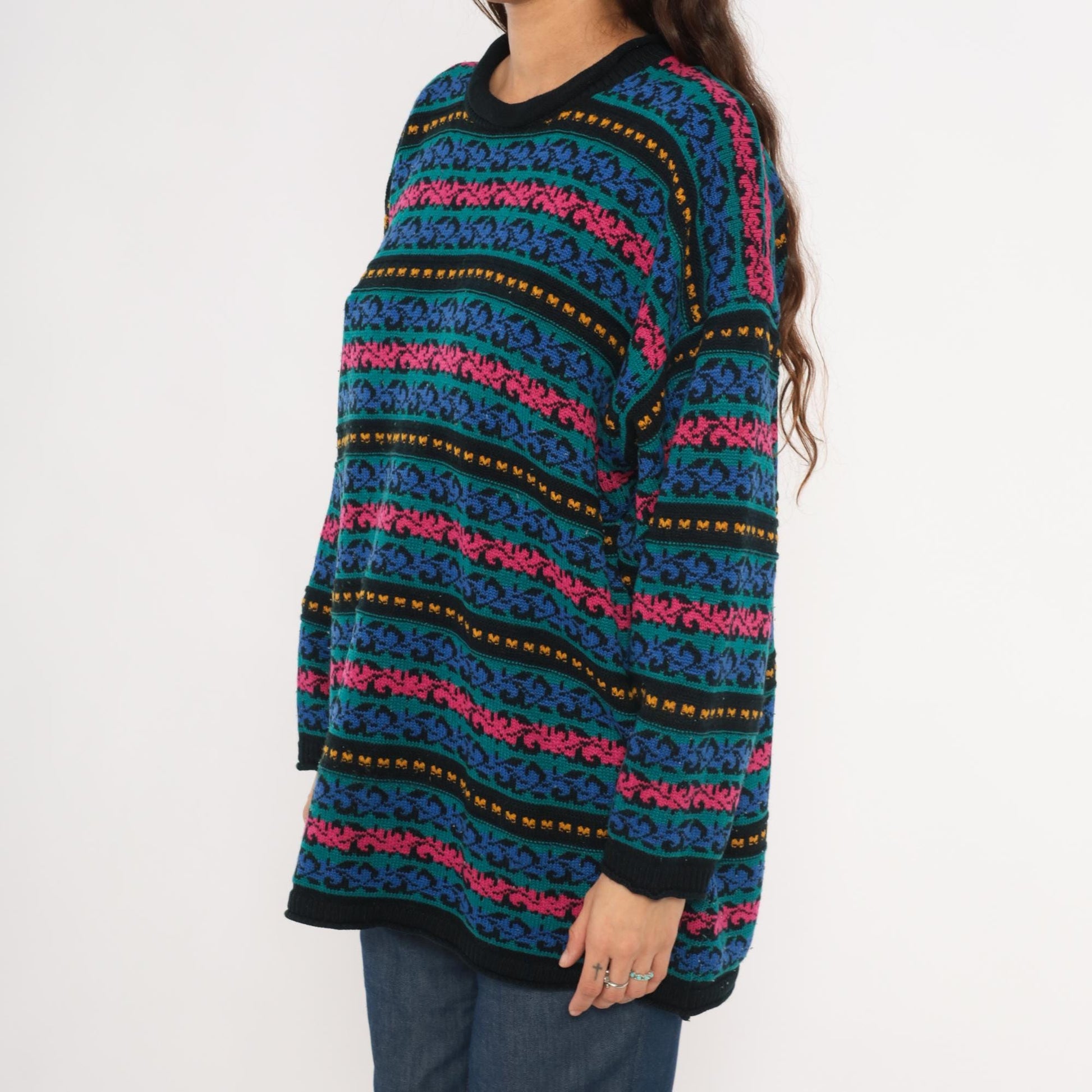 90s Jacque & Koko Jacquard Knit Sweater Teal Scroll Pattern Crew Neck Extra Large XL