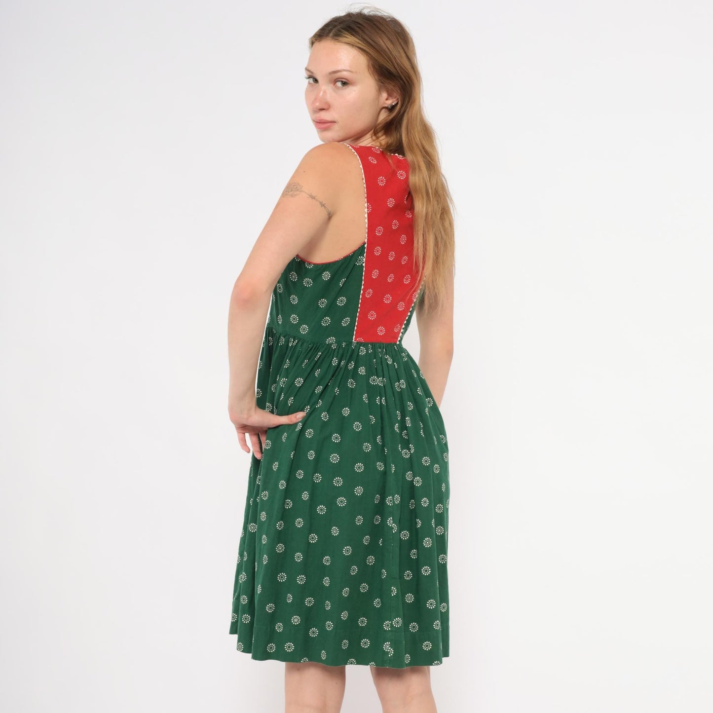 60s Muchner Kindermoden Dirndl Dress Green Floral Red Bodice Square Neck Extra Small