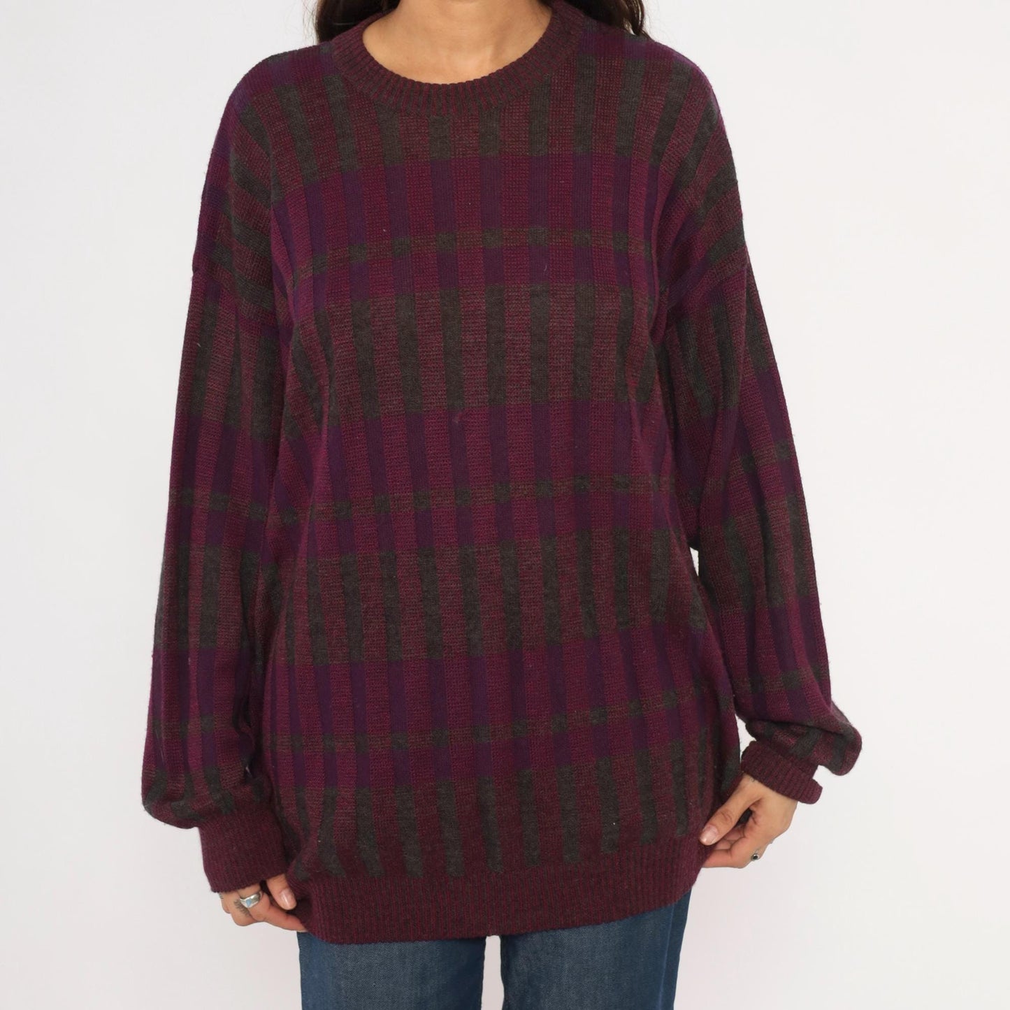 80s Gea Plaid Knit Sweater Burgundy Purple Grey Crewneck Extra Large XL