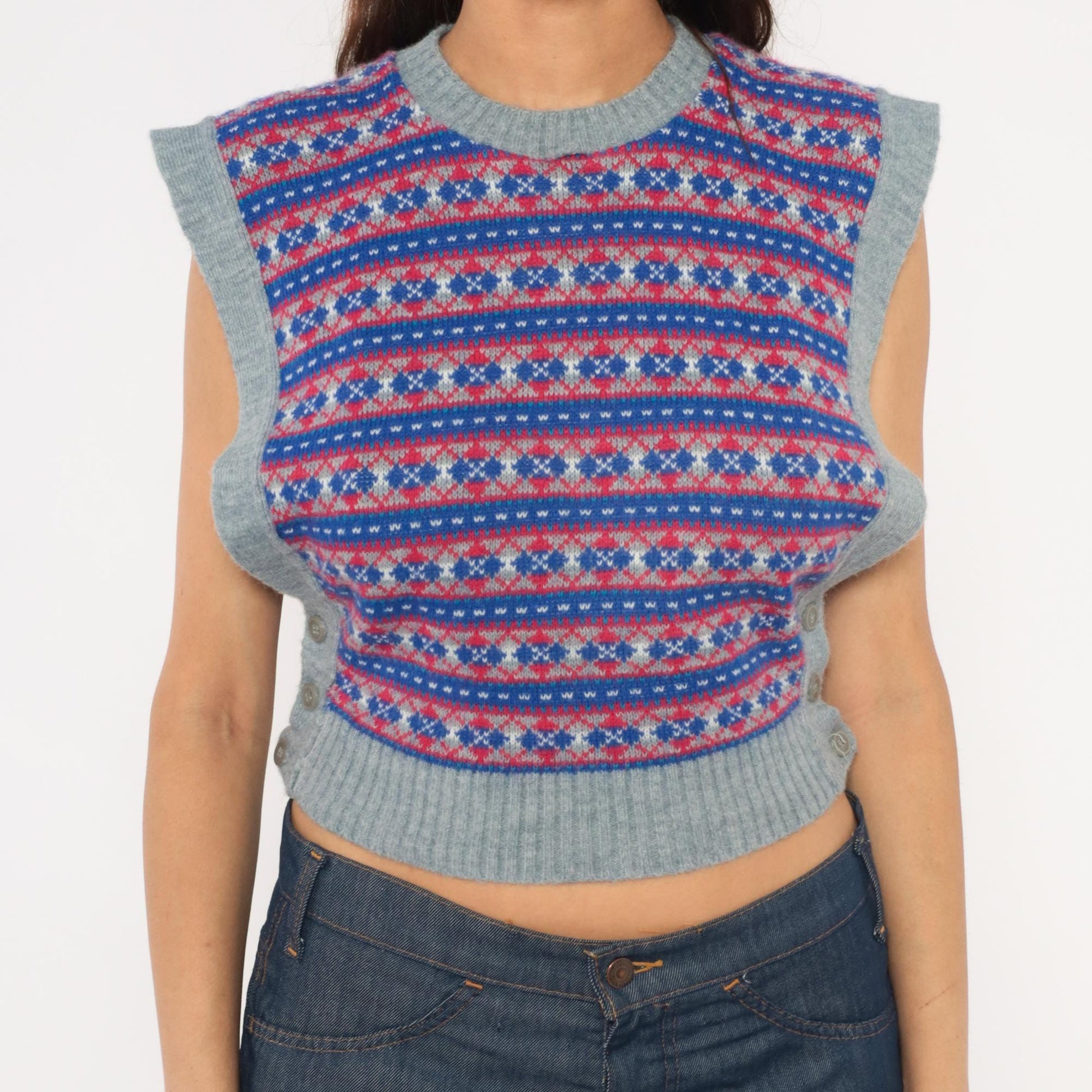 80s Fair Isle Sweater Vest Grey Blue Red Geometric Knit Cropped Extra Small XS