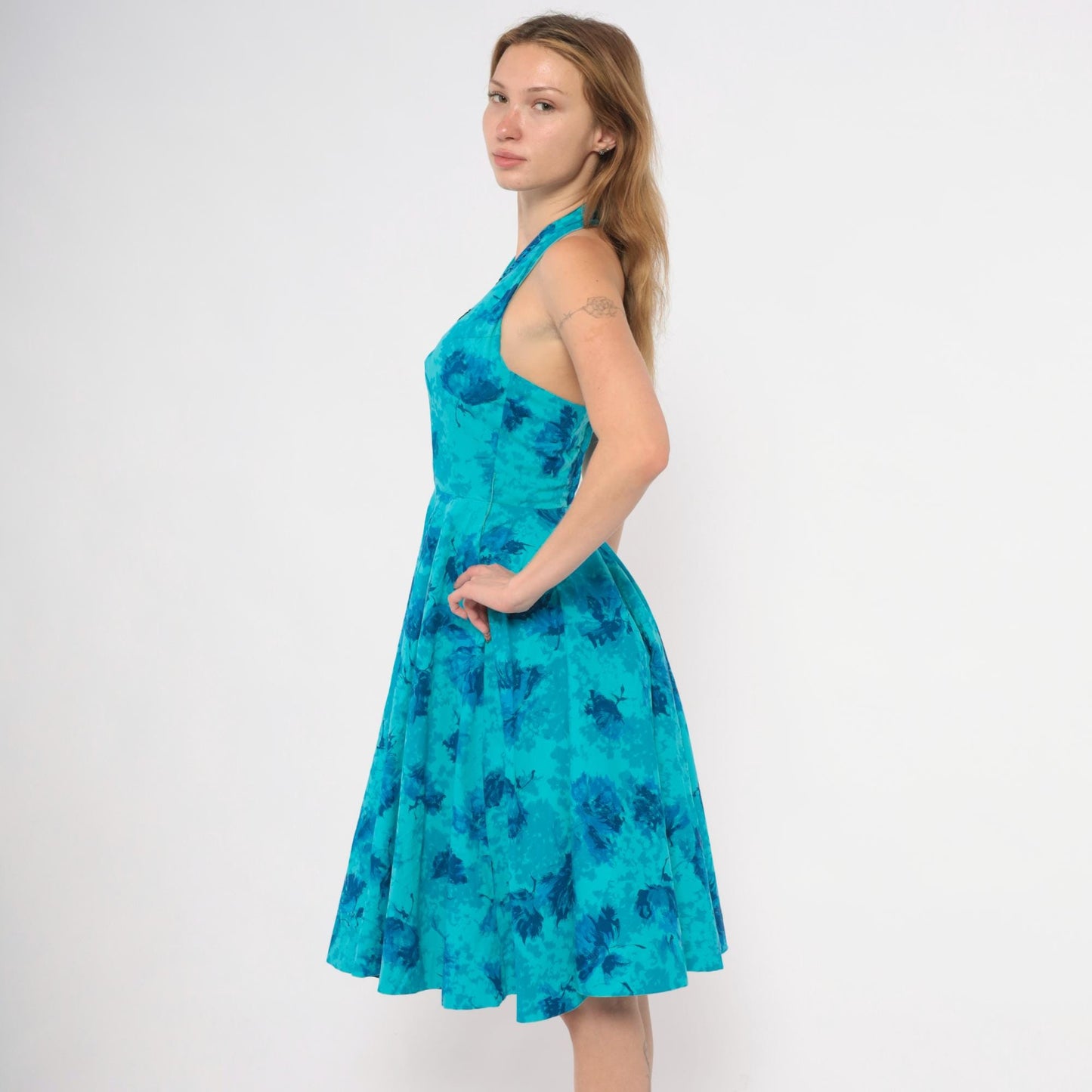 1950s Makoff Halter Dress Turquoise Floral Rhinestone Pleated Circle Skirt Extra Small XS