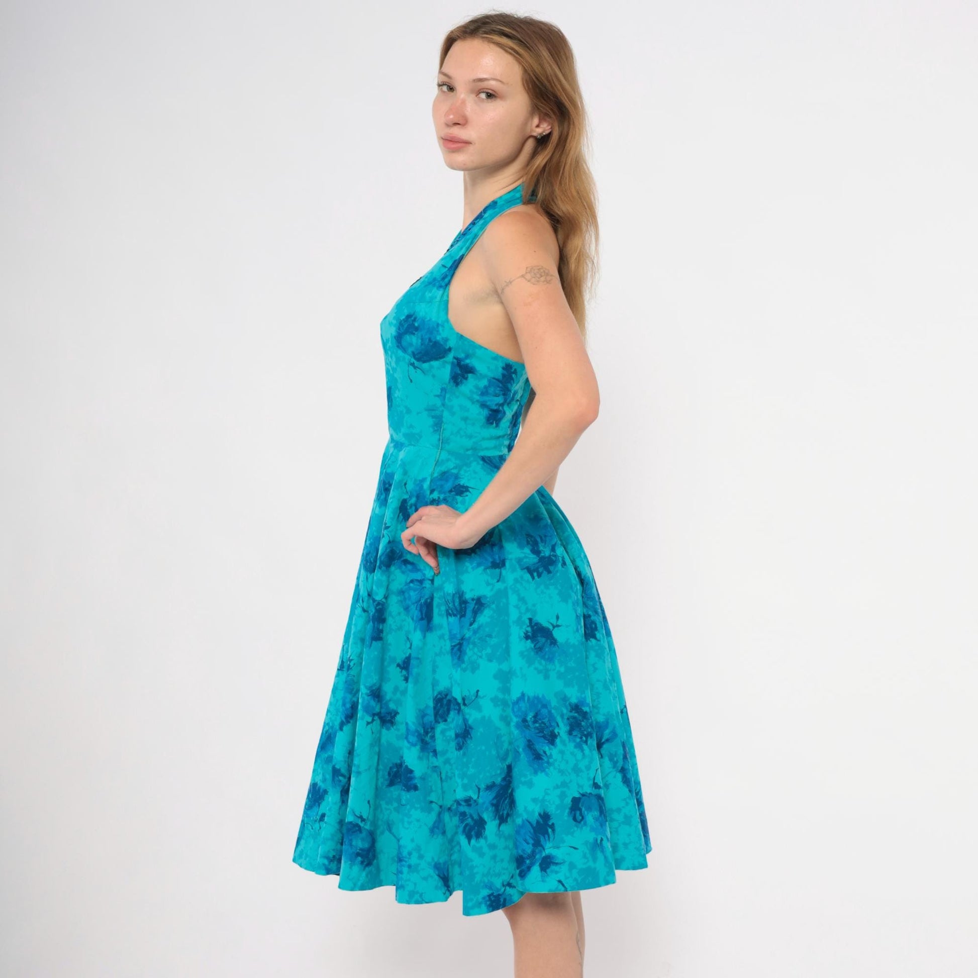1950s Makoff Halter Dress Turquoise Floral Rhinestone Pleated Circle Skirt Extra Small XS
