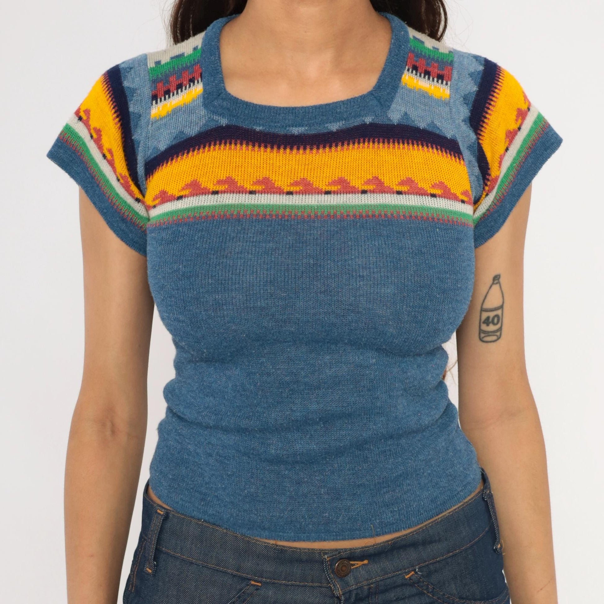 70s JCPenney Southwestern Fair Isle Knit Top Cap Sleeve Cropped Extra Small XS