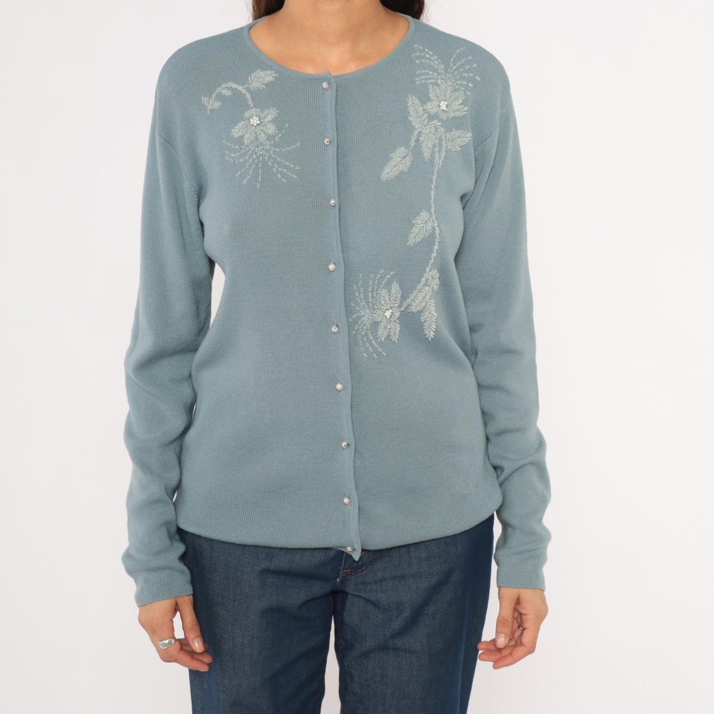 Saks Fifth Avenue 90s Powder Blue Cardigan Embroidered Floral Beaded Medium