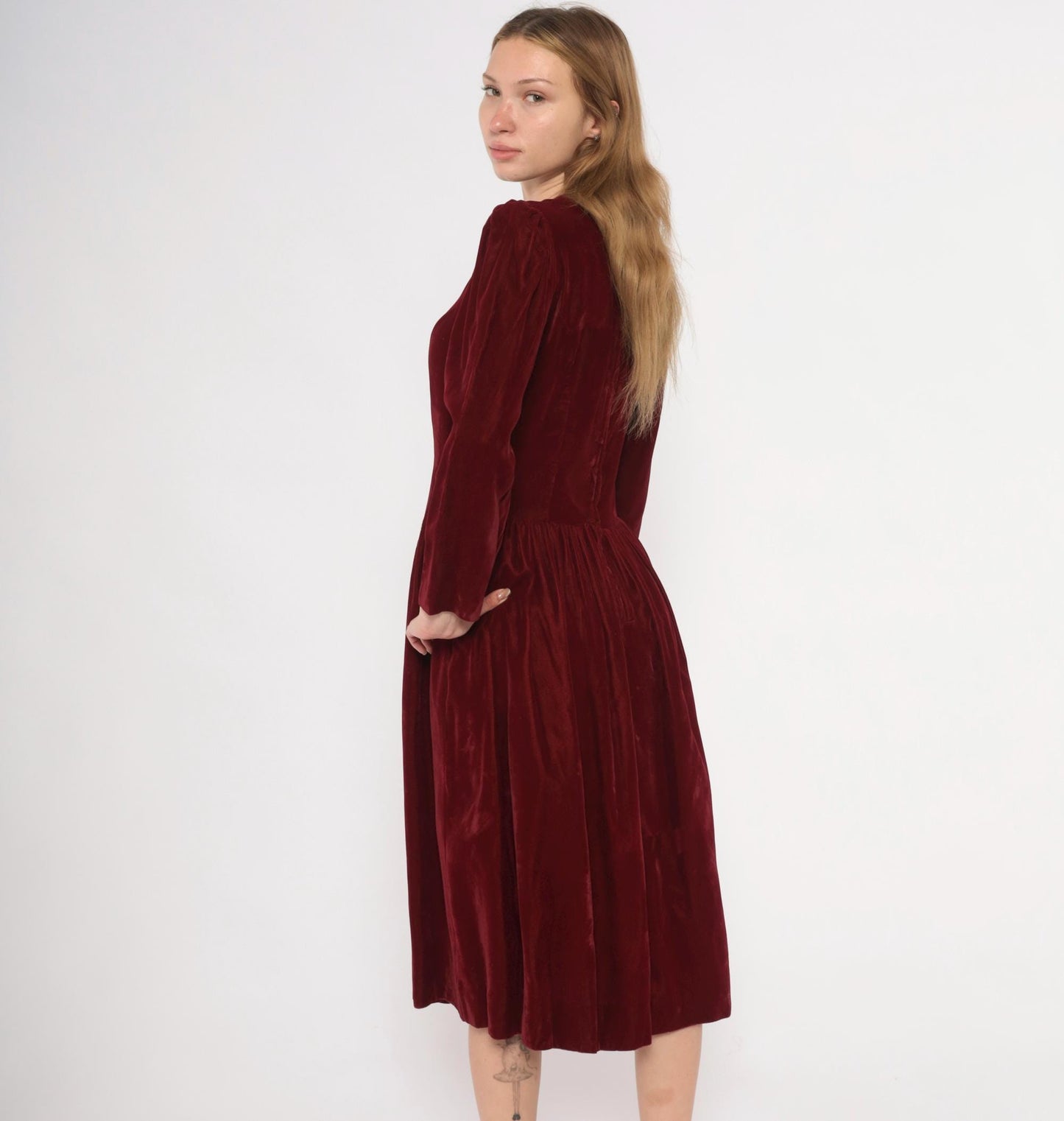 70s Burgundy Velvet Midi Dress Puff Sleeve Fitted Waist Small
