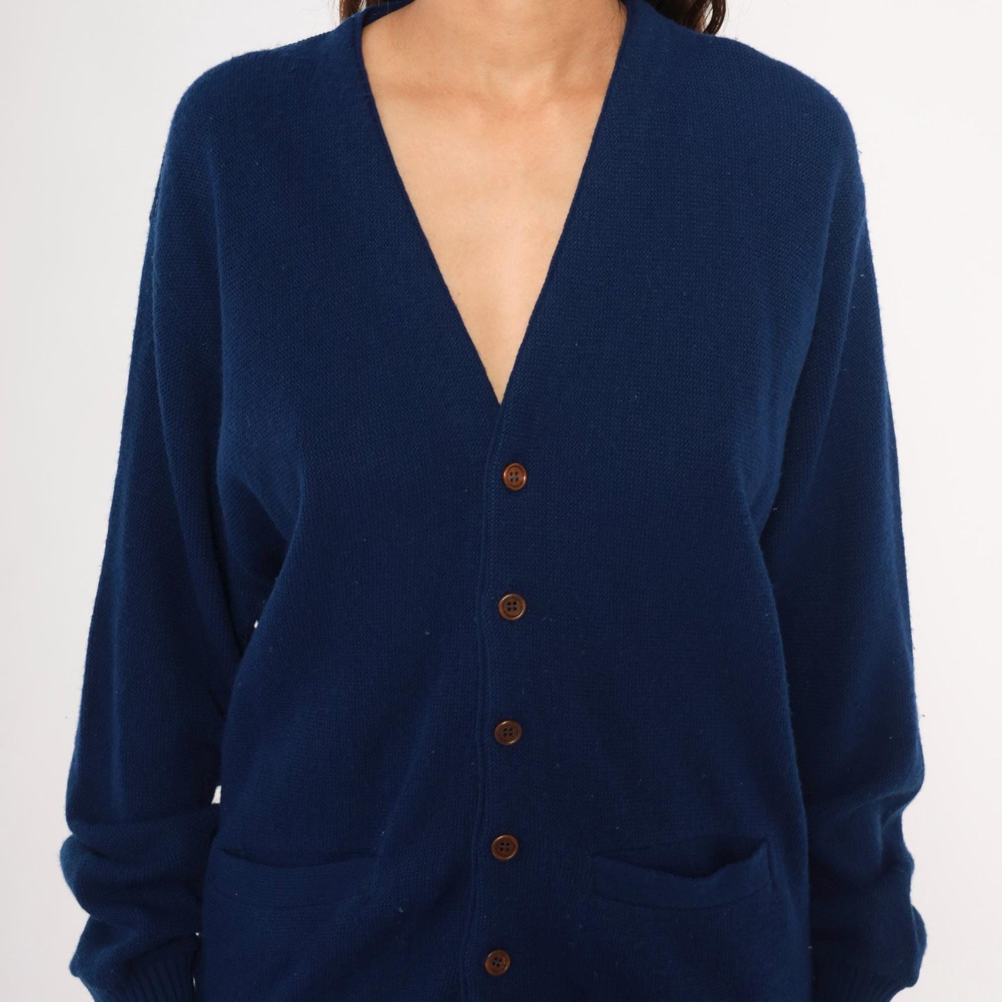 70s Navy Button Front Cardigan V Neck Patch Pocket Knit Small