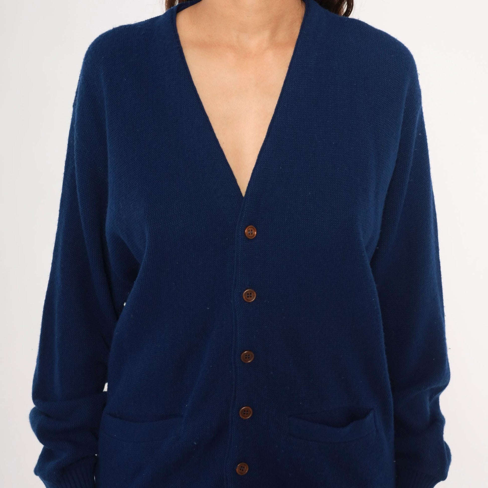 70s Navy Button Front Cardigan V Neck Patch Pocket Knit Small