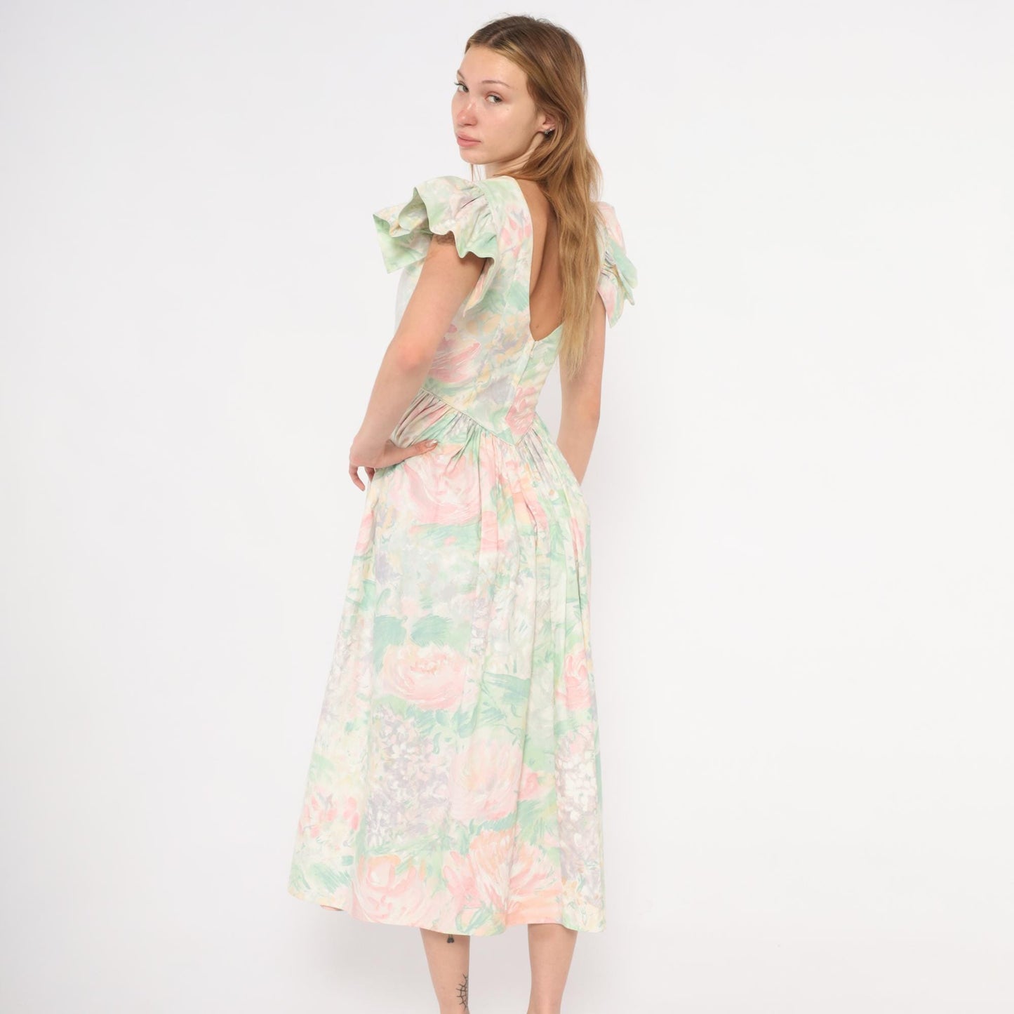 90s JCPenney Floral Midi Dress Watercolor Rose Basque Waist Flutter Sleeve Small S