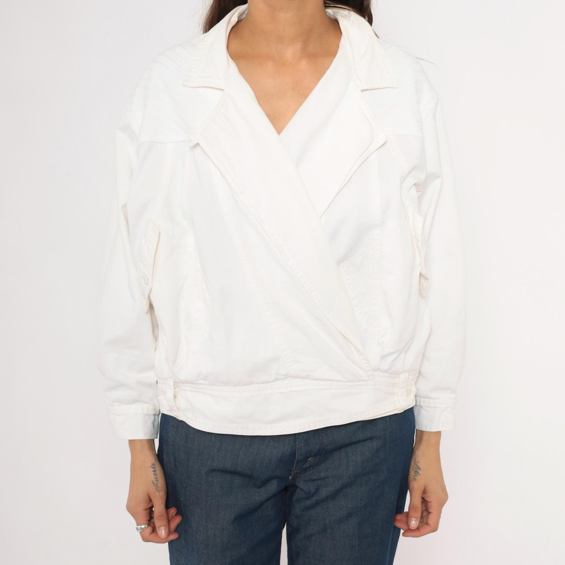 80s Together White Cotton Wrap Jacket Cropped Blouson Medium M
