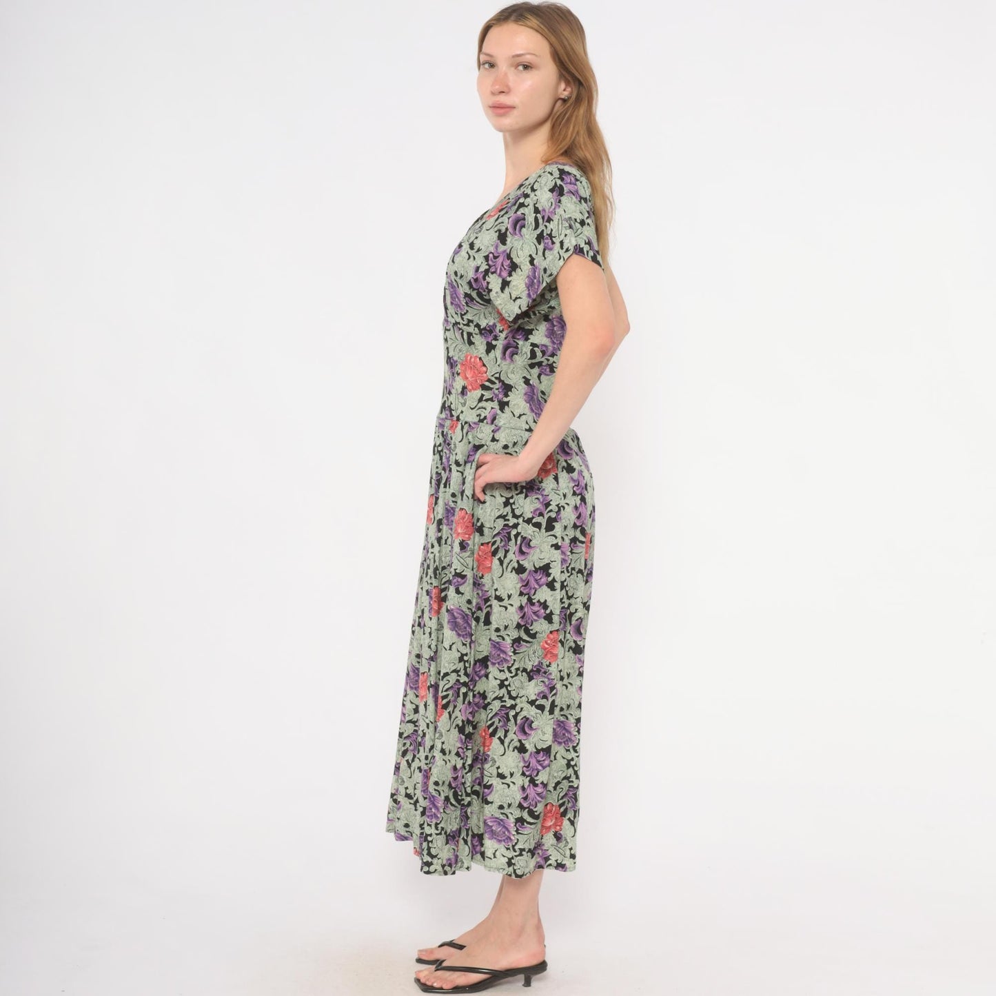 90s All That Jazz Floral Maxi Dress Purple Black Surplice V-Neck Medium M