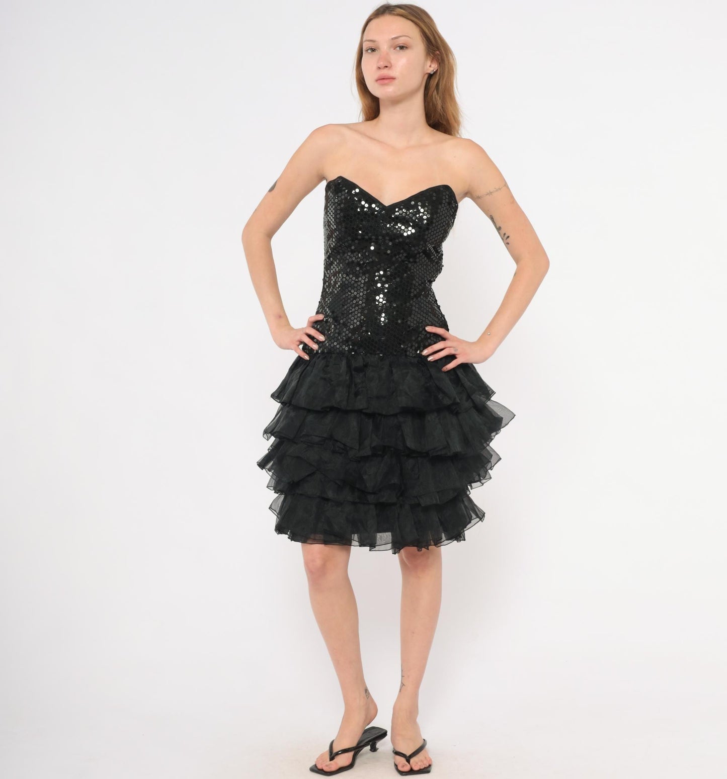 80s Tadashi Sequin Strapless Dress Sweetheart Neckline Tiered Ruffle Mini Black Small S