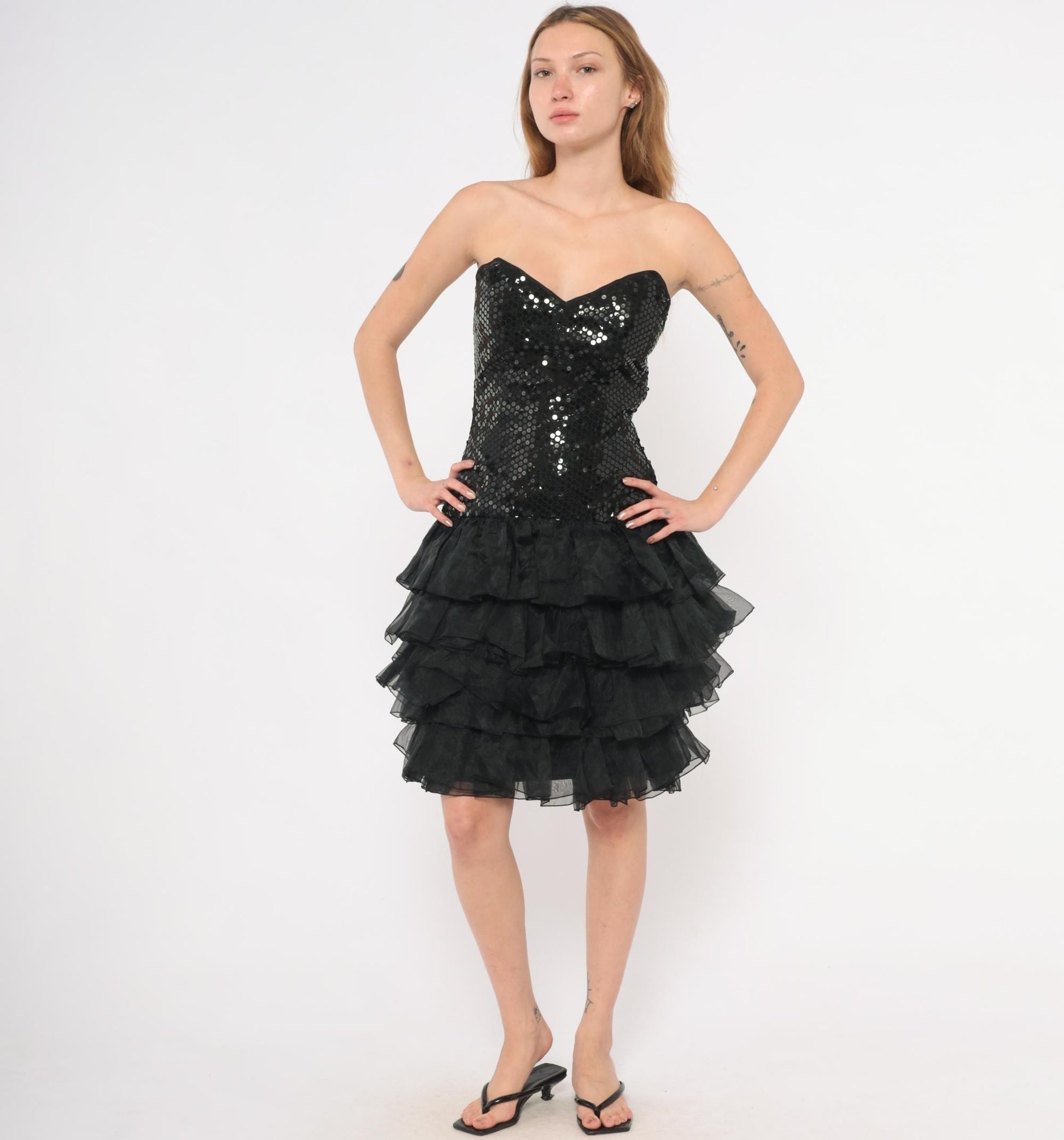 80s Tadashi Sequin Strapless Dress Sweetheart Neckline Tiered Ruffle Mini Black Small S