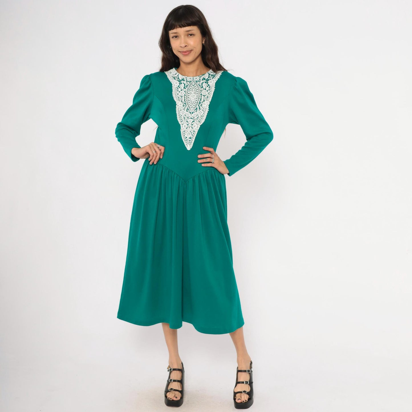 80s Expo Teal Midi Dress Lace Bib Puff Sleeve Fitted Bodice Medium M