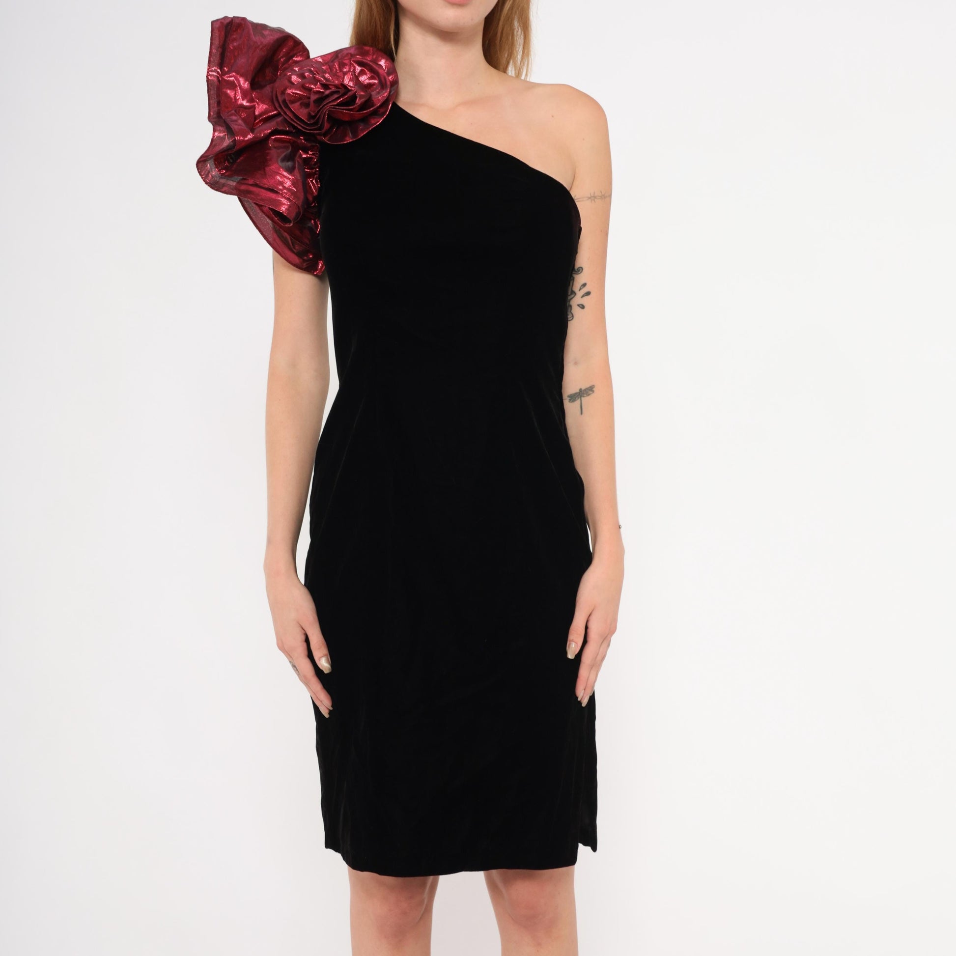 90s ZumZum Black Velvet One-Shoulder Cocktail Dress Burgundy Rosette Small