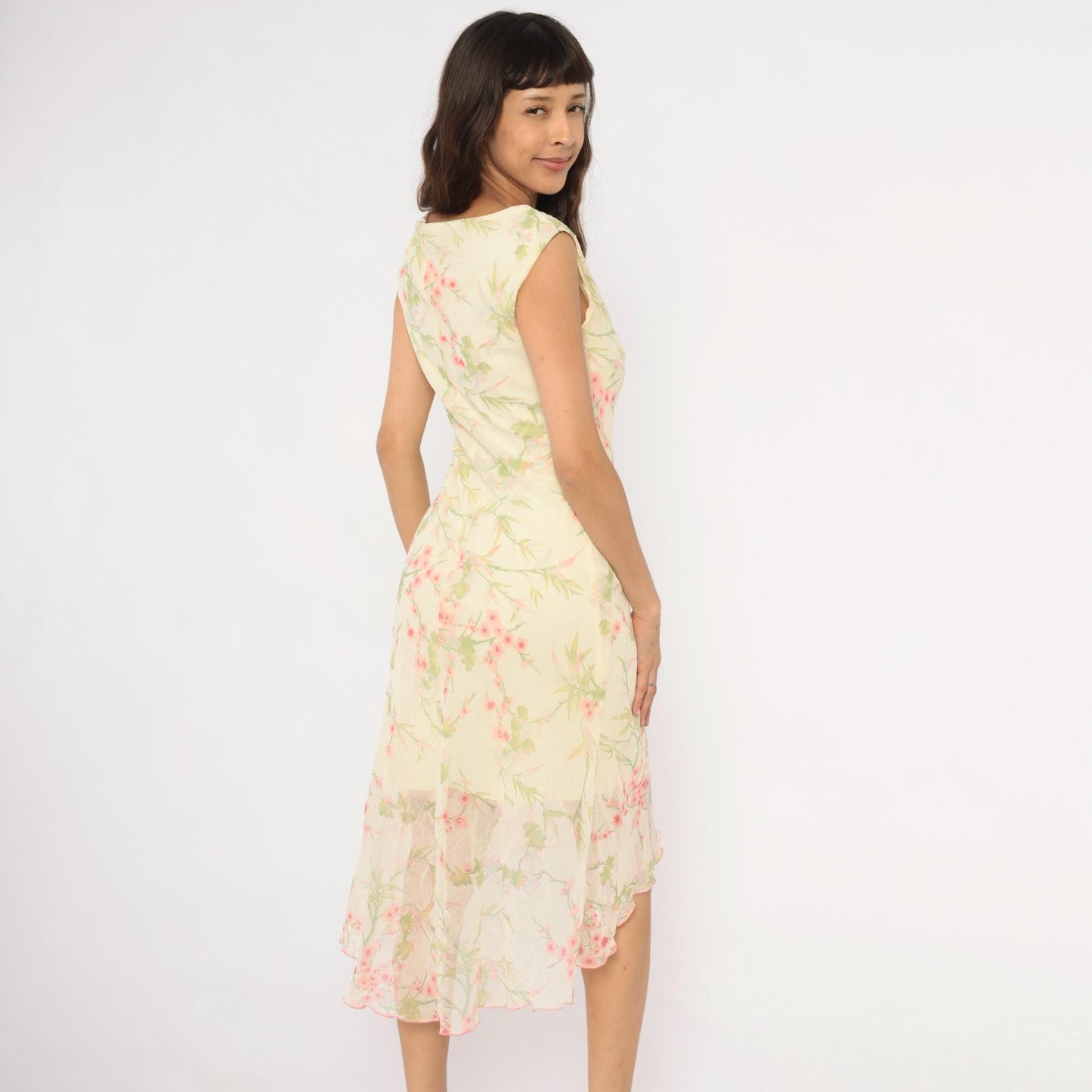 90s City Triangles Cherry Blossom Chiffon Dress Pink Cream Medium M
