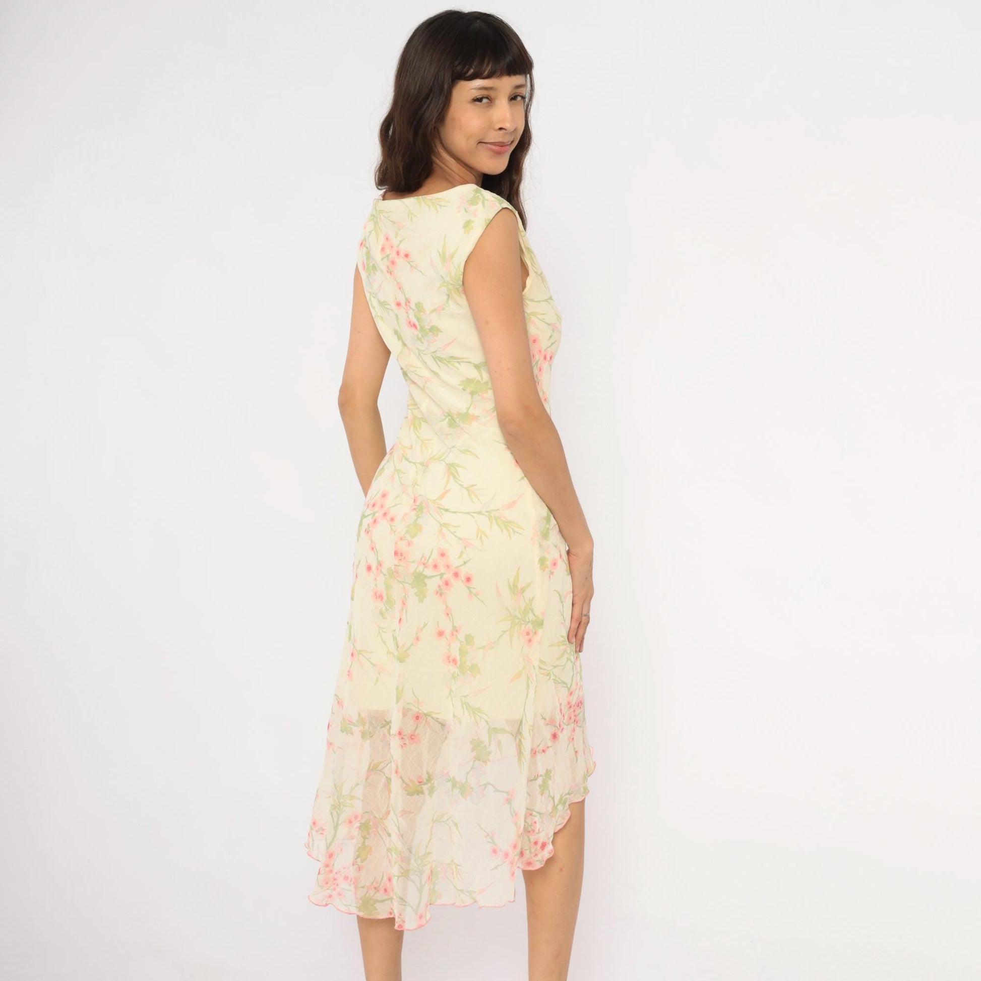 90s City Triangles Cherry Blossom Chiffon Dress Pink Cream Medium M