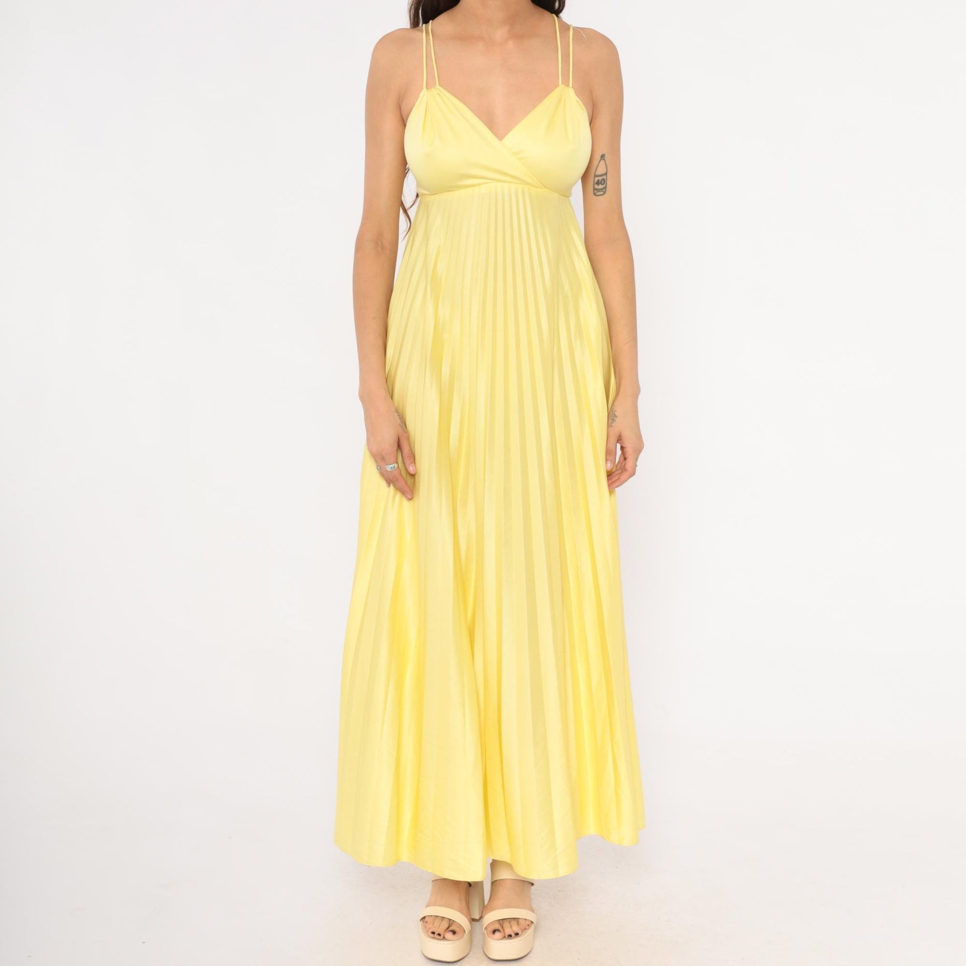 70s Yellow Pleated Maxi Dress Empire Waist Accordion Pleat Surplice Small