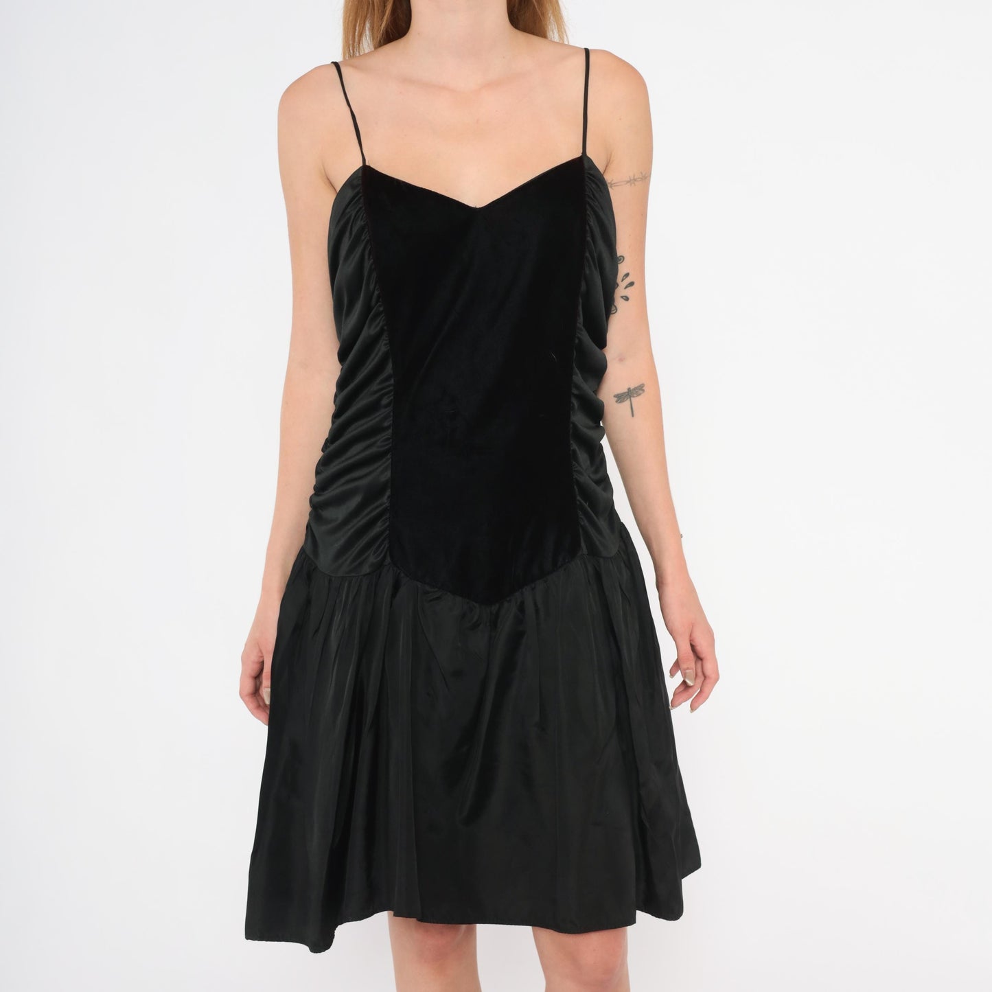 90s Black Velvet Party Dress Drop Waist Sweetheart Neckline Knee Length Large L