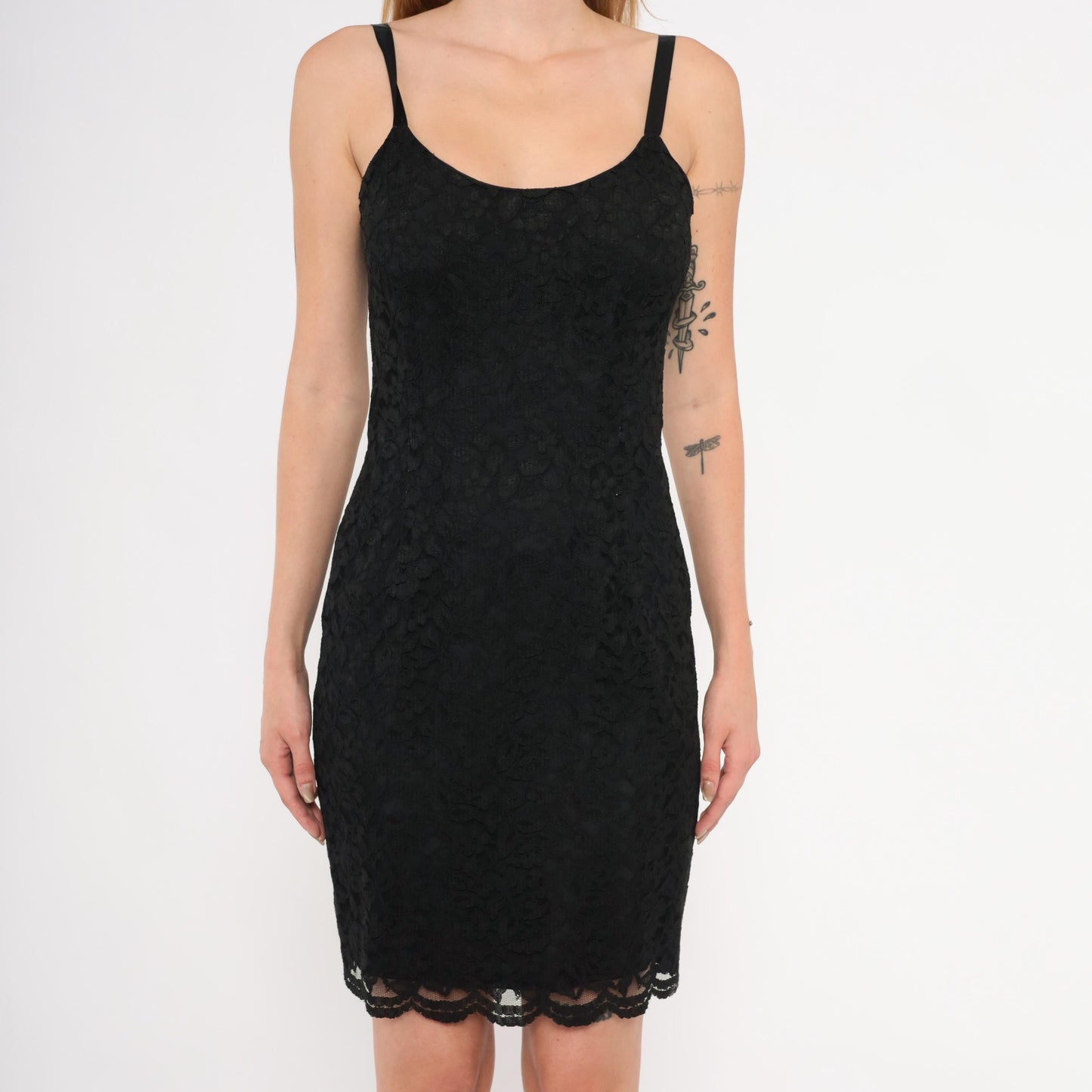 90s Julie Laurie Black Lace Slip Dress Scalloped Hem Spaghetti Strap Extra Small XS