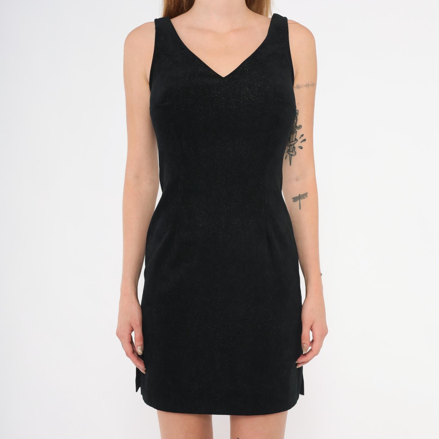 90s Splurge Black Glitter Mini Dress V Neck Sleeveless Bodycon Extra Small XS