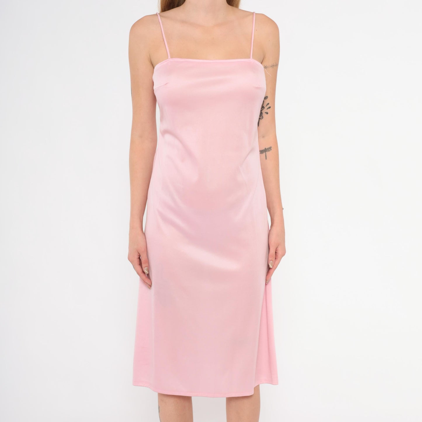 70s Blush Pink Satin Slip Dress Spaghetti Strap Knee-Length Small