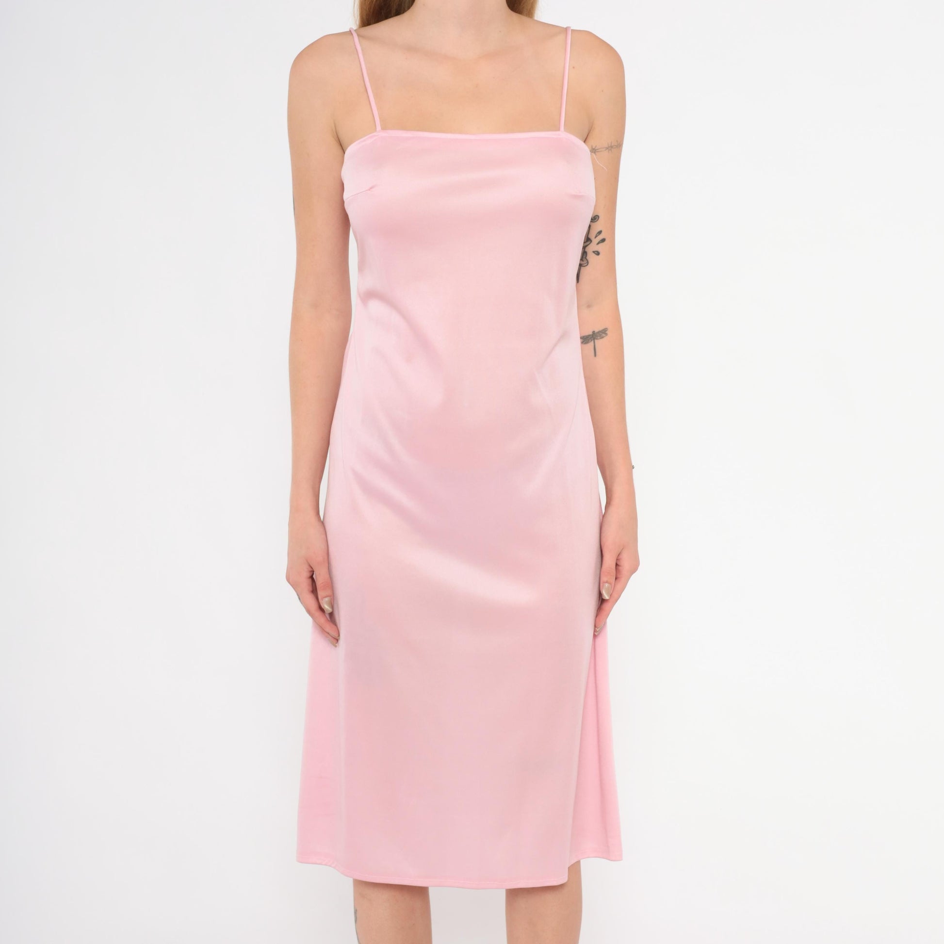 70s Blush Pink Satin Slip Dress Spaghetti Strap Knee-Length Small