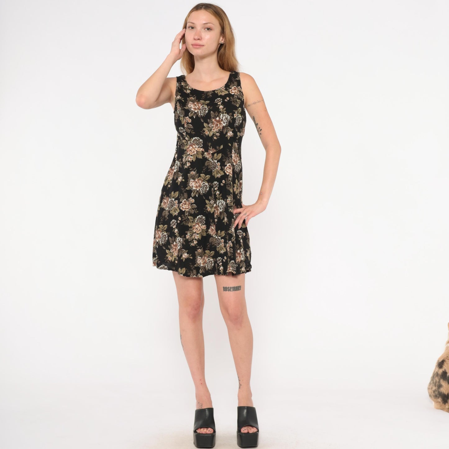 90s All That Jazz Floral Mini Dress Black Rose Print Sleeveless Small S