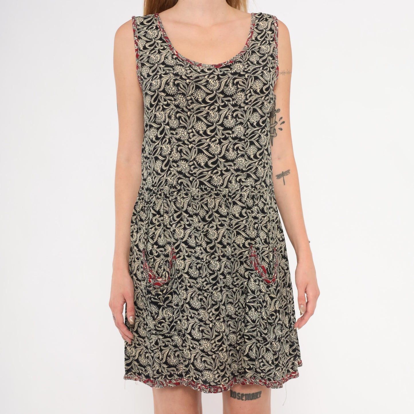 90s Black Floral Tank Dress Mini Red Trim Patch Pockets Small S